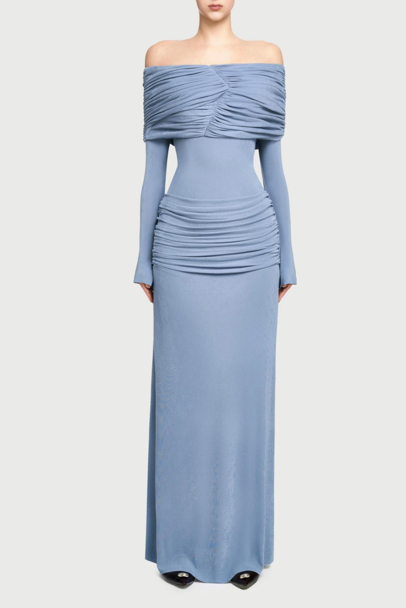 Off-shoulder Gathering Bodycon Maxi Dress