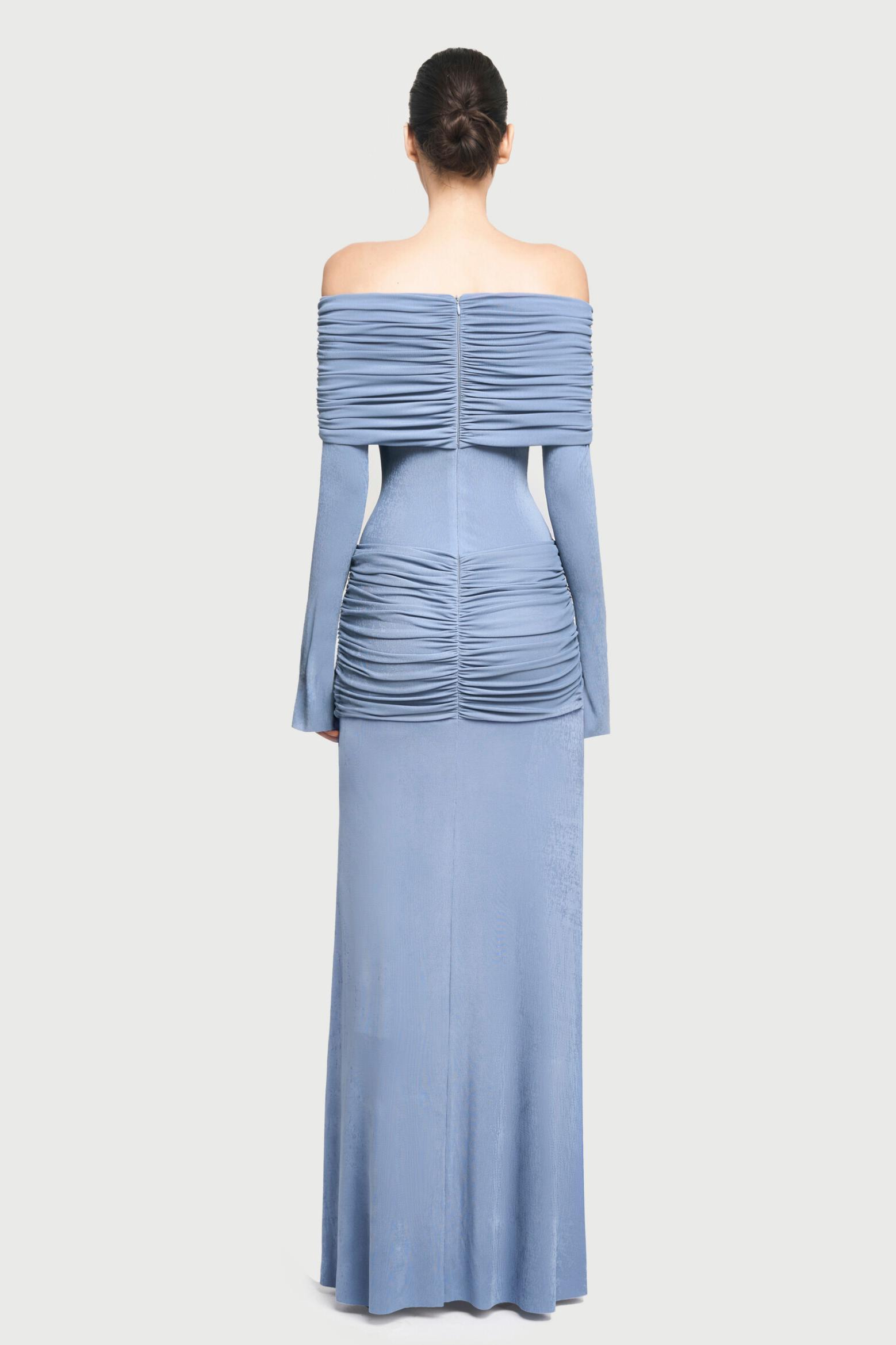 Off-shoulder Gathering Bodycon Maxi Dress