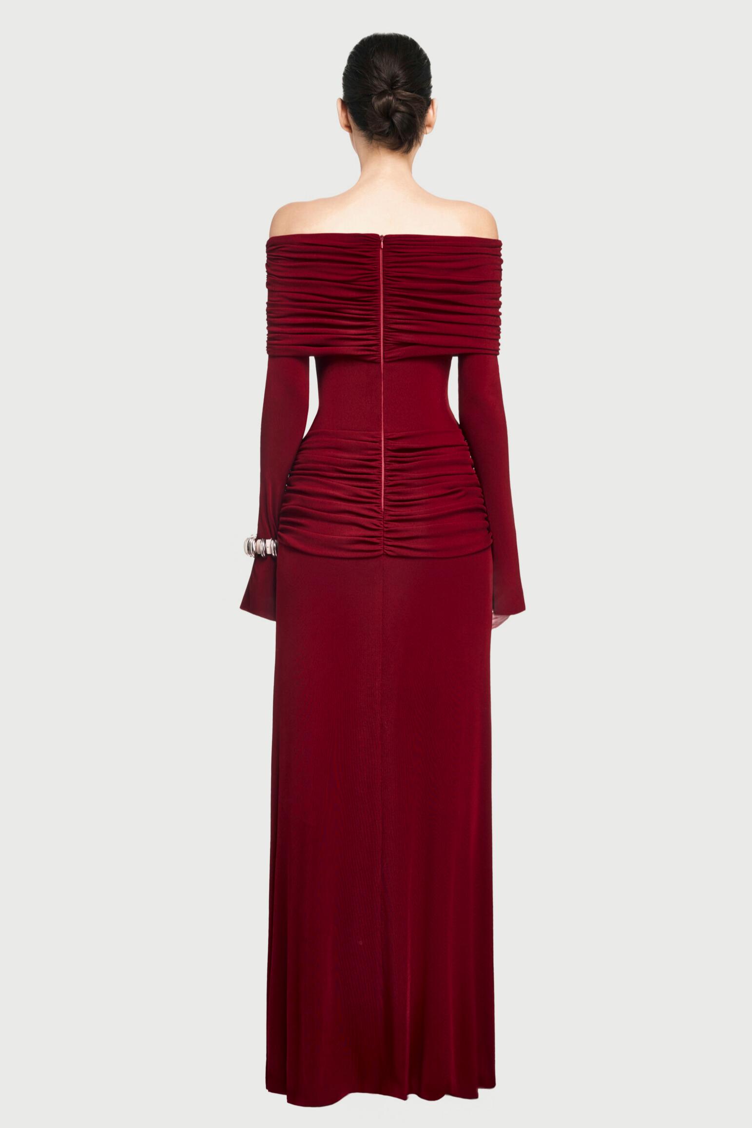 Off-shoulder Gathering Bodycon Maxi Dress