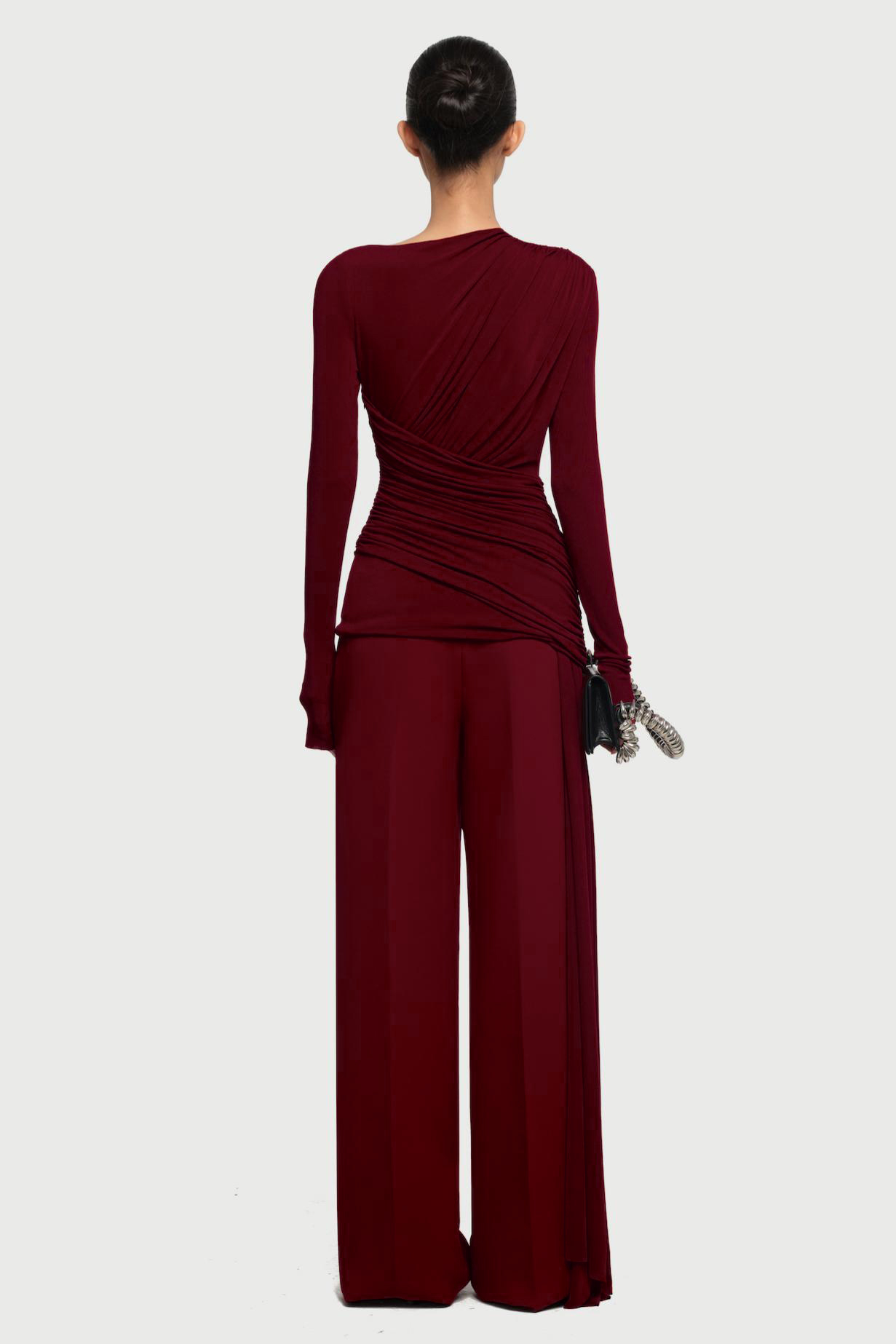 Asymmetrical Gathering Top & Pressed-Crease Straight Pants Set