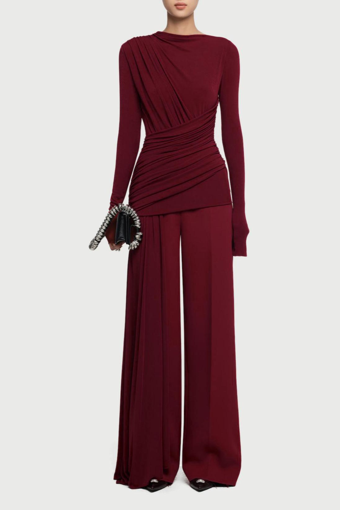 Asymmetrical Gathering Top & Pressed-Crease Straight Pants Set