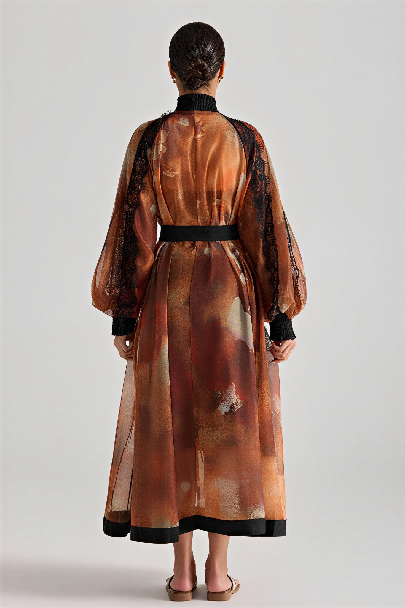 Oil Painting Print Lace Panel Midi Dress