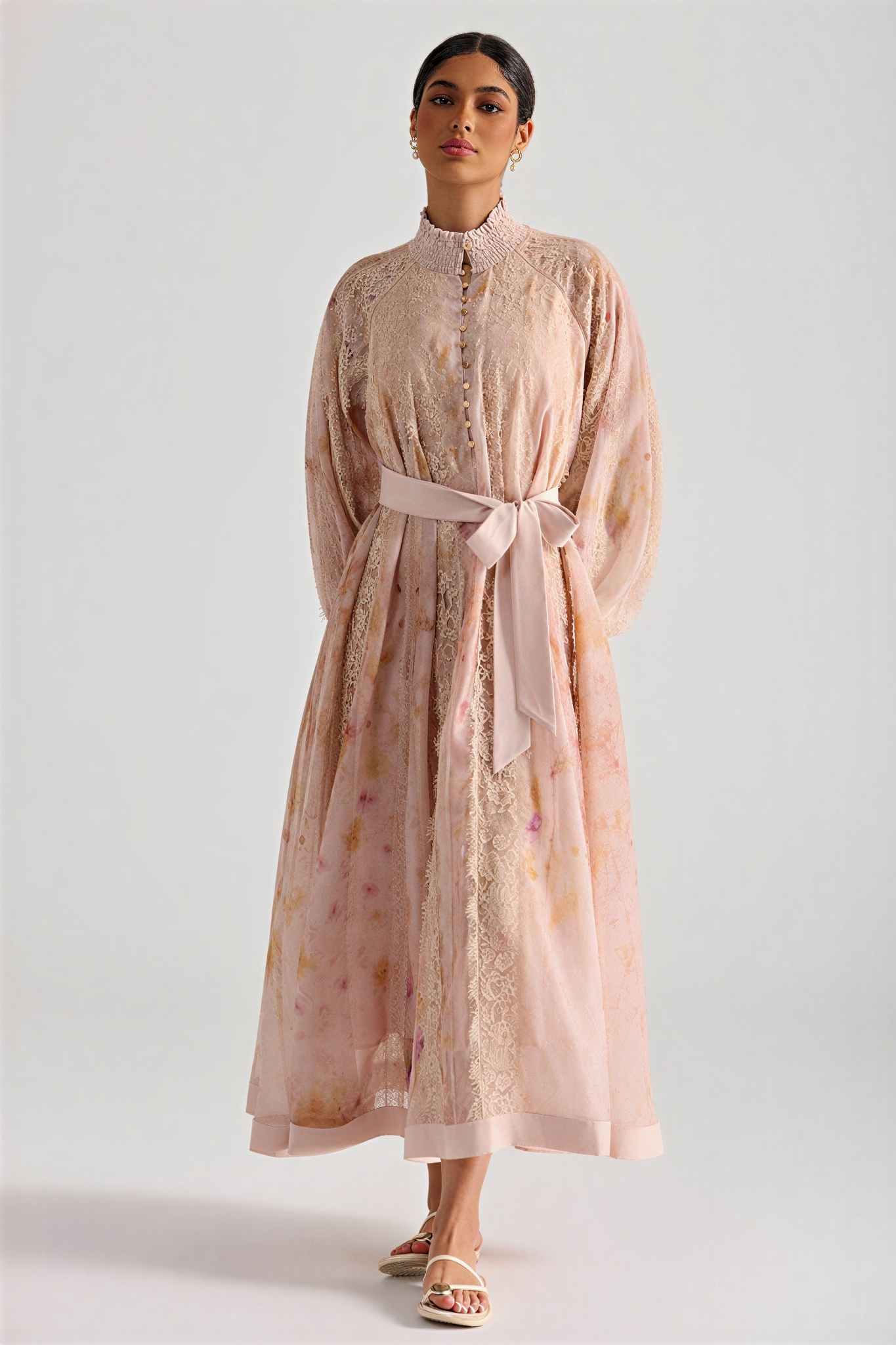 Oil Painting Print Lace Panel Midi Dress