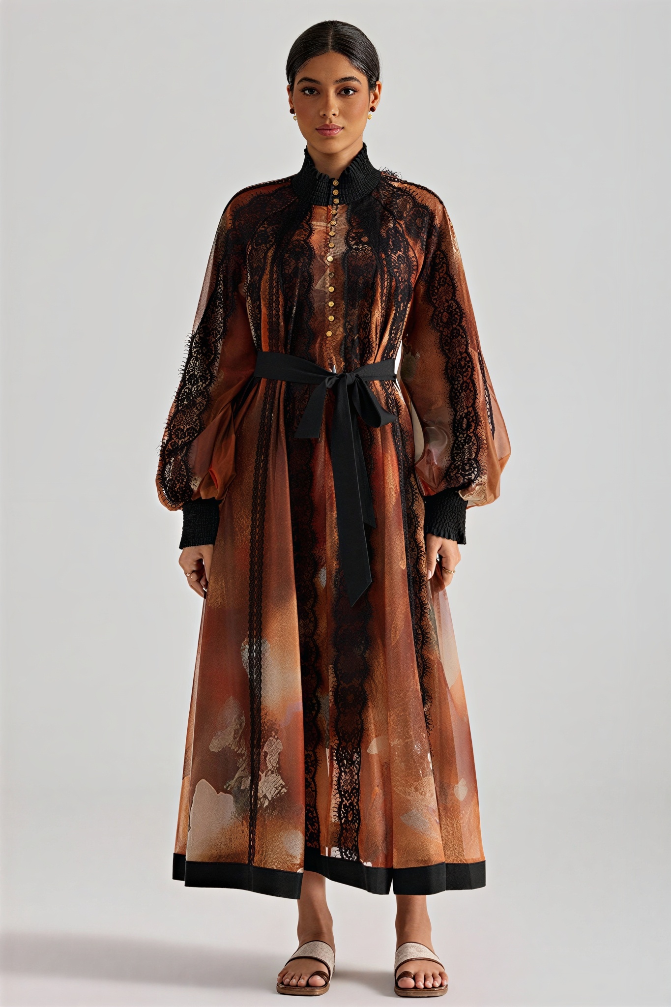 Oil Painting Print Lace Panel Midi Dress