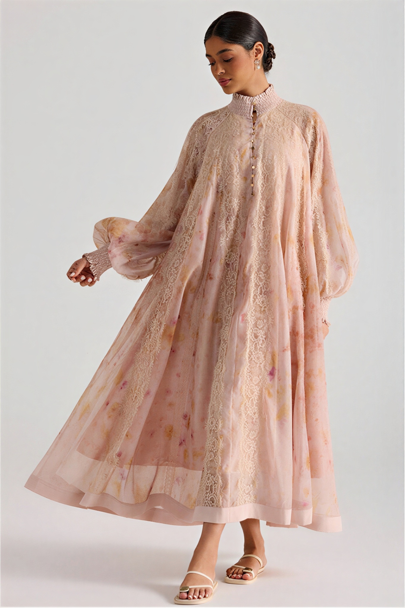 Oil Painting Print Lace Panel Midi Dress