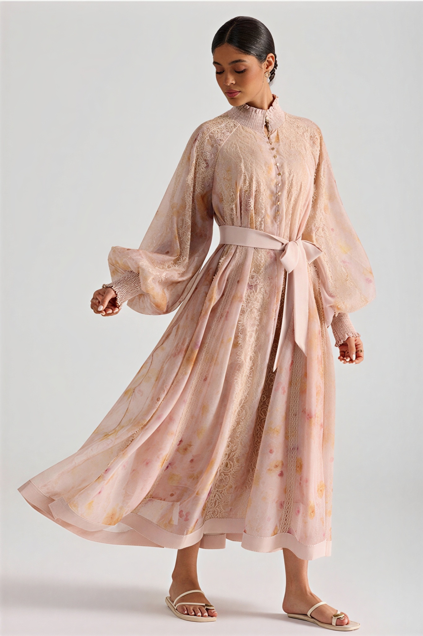 Oil Painting Print Lace Panel Midi Dress