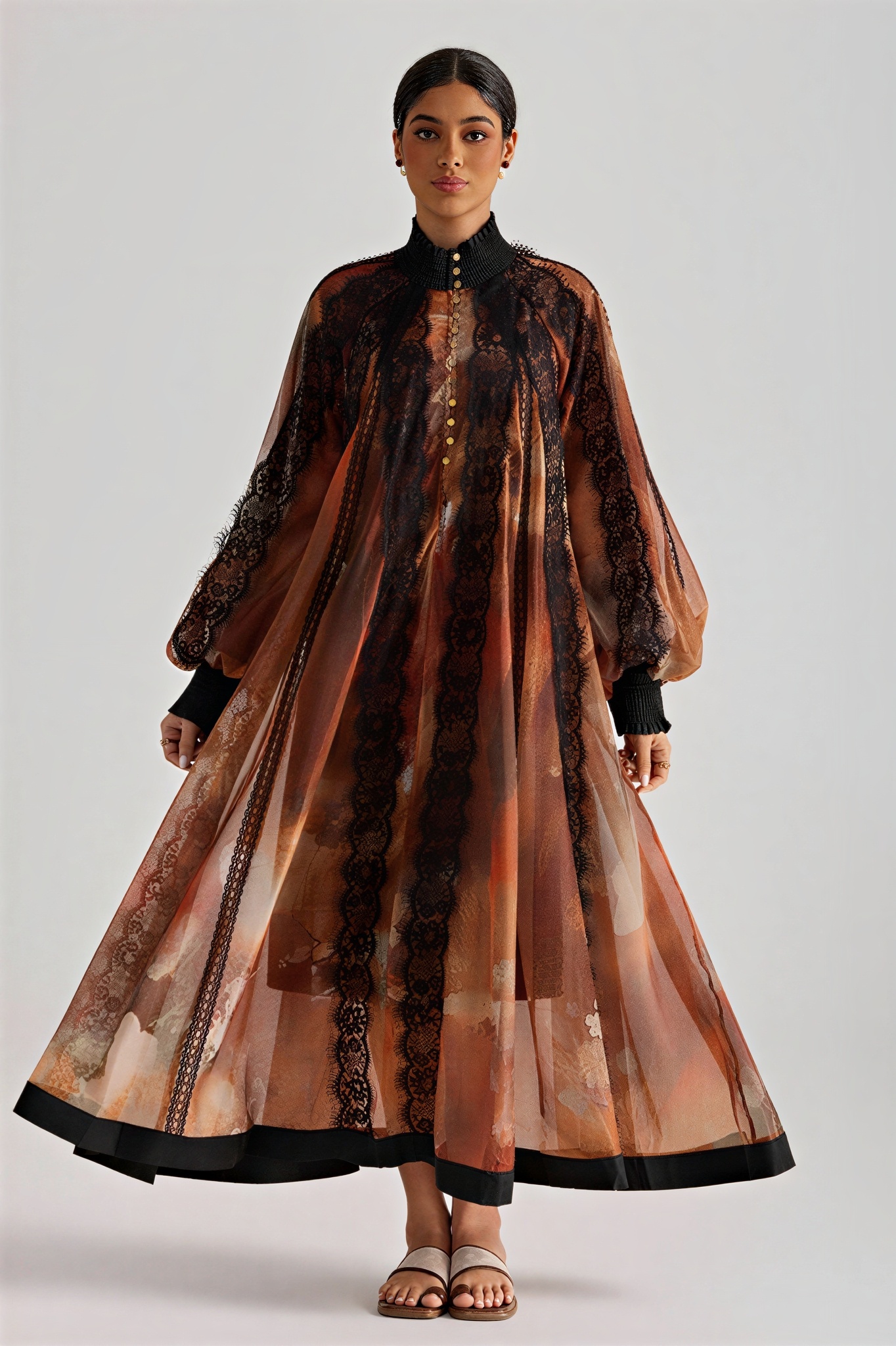 Oil Painting Print Lace Panel Midi Dress