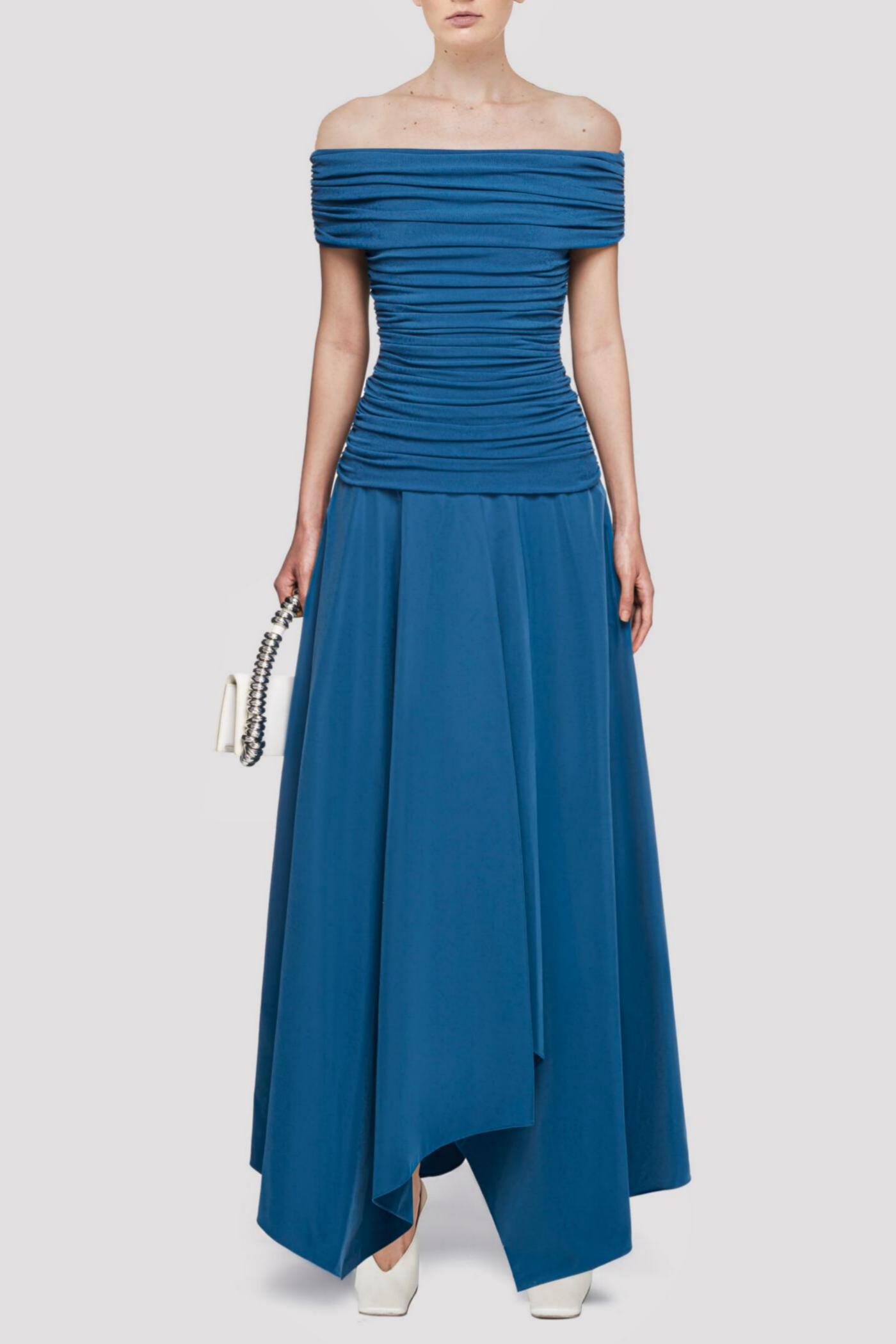 Off Shoulder Gathering Midi Dress