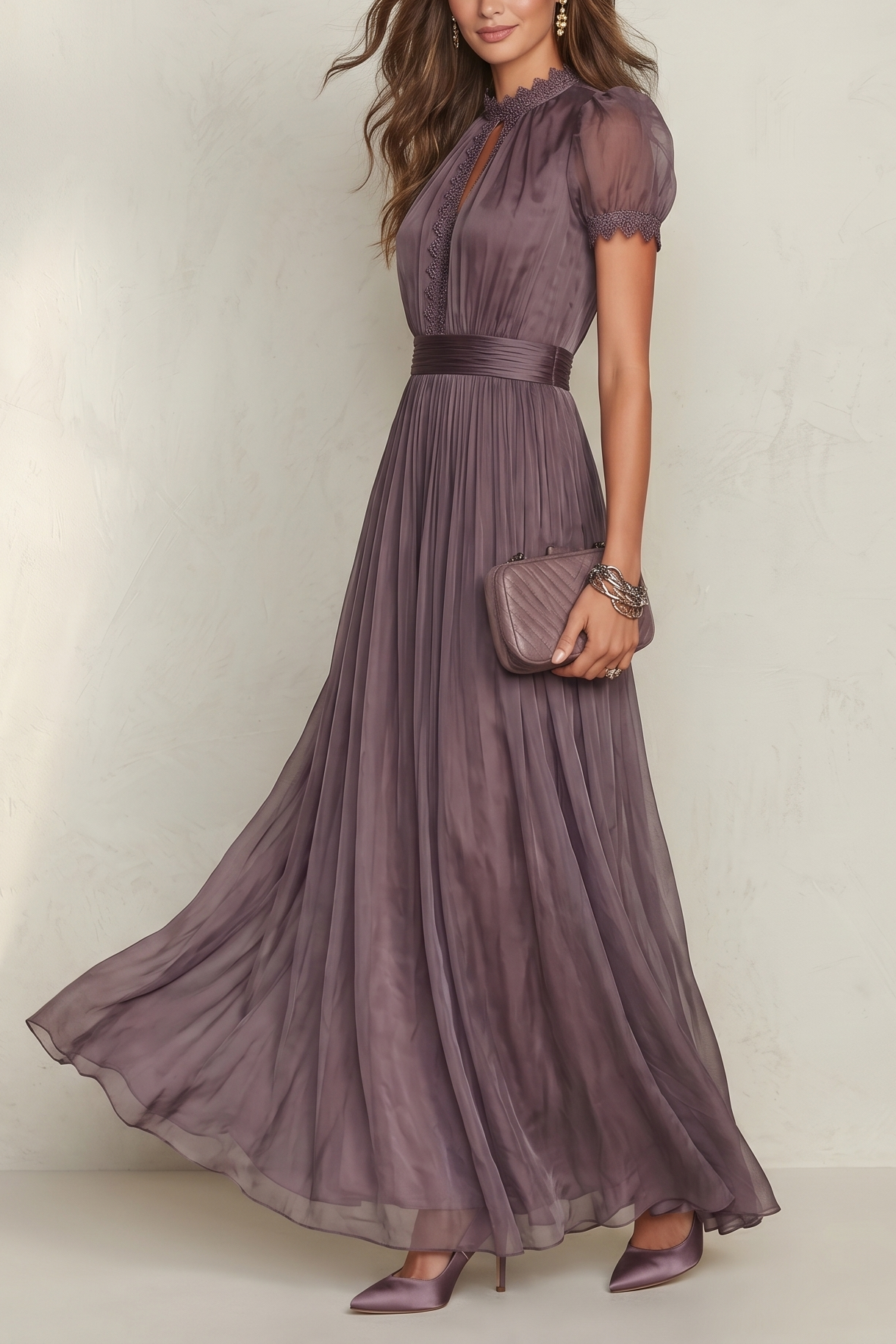 Lace Splicing Gathering Midi Dress