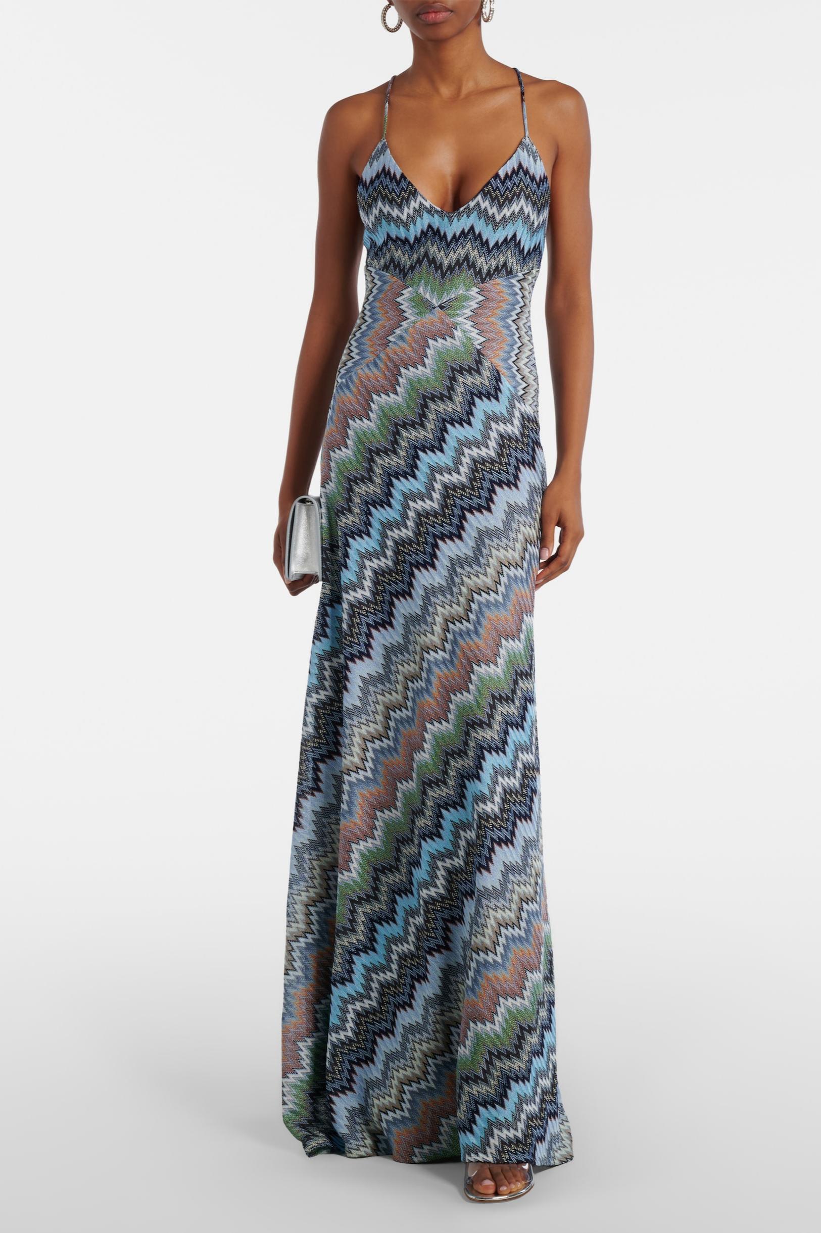 Chevron Print V-Neck Backless Slip Maxi Dress