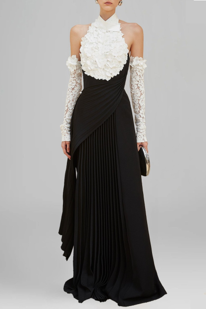 Contrast Color 3D Flower  Pleated Maxi Dress