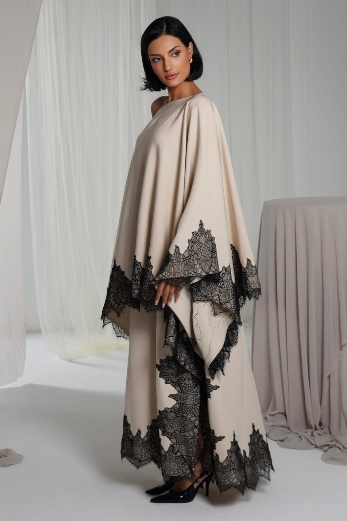 Satin Lace Cape Top & High Waist Midi Skirt Set