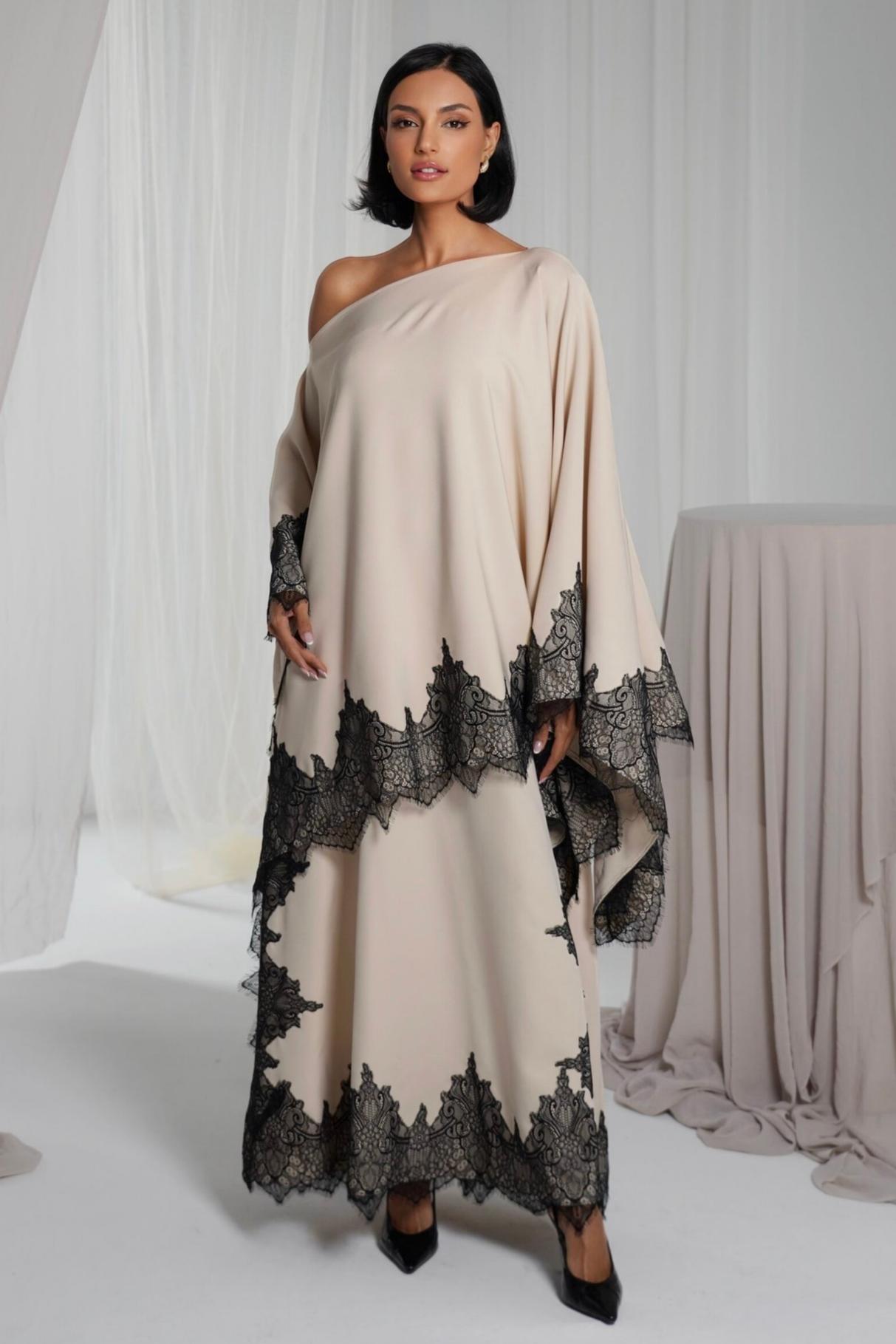 Satin Lace Cape Top & High Waist Midi Skirt Set