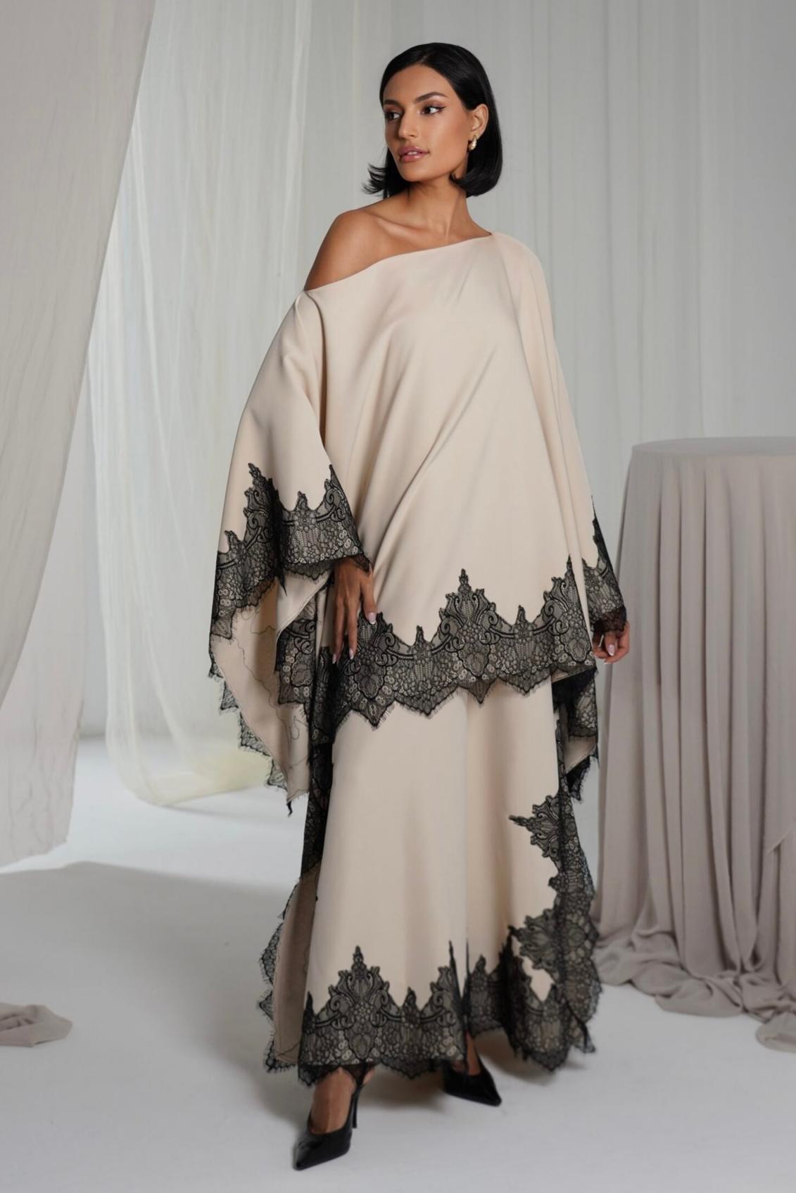 Satin Lace Cape Top & High Waist Midi Skirt Set