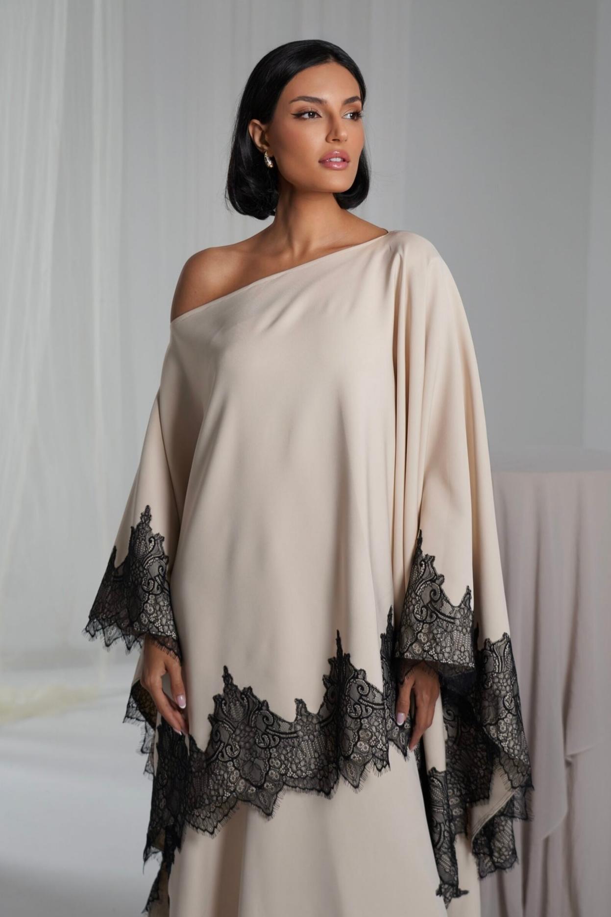 Satin Lace Cape Top & High Waist Midi Skirt Set