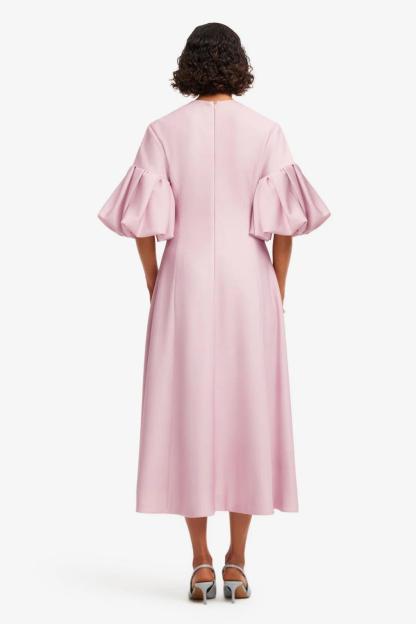 Floral Puff Sleeve Round Neck Midi Dress