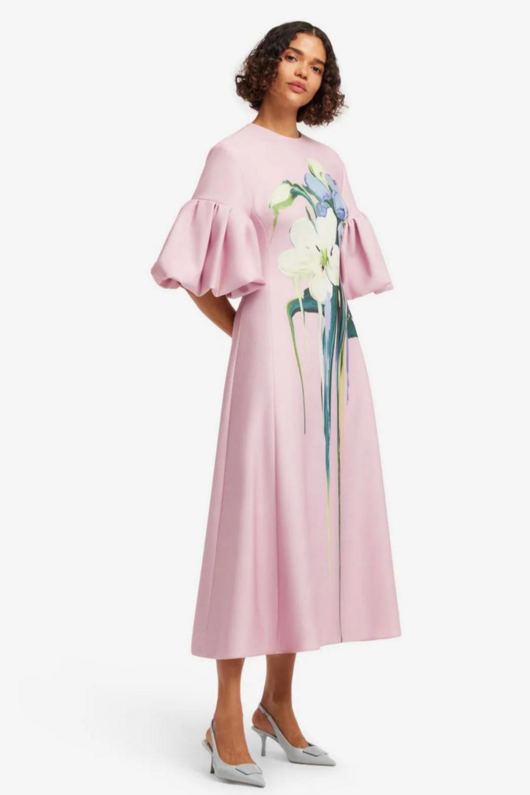 Floral Puff Sleeve Round Neck Midi Dress