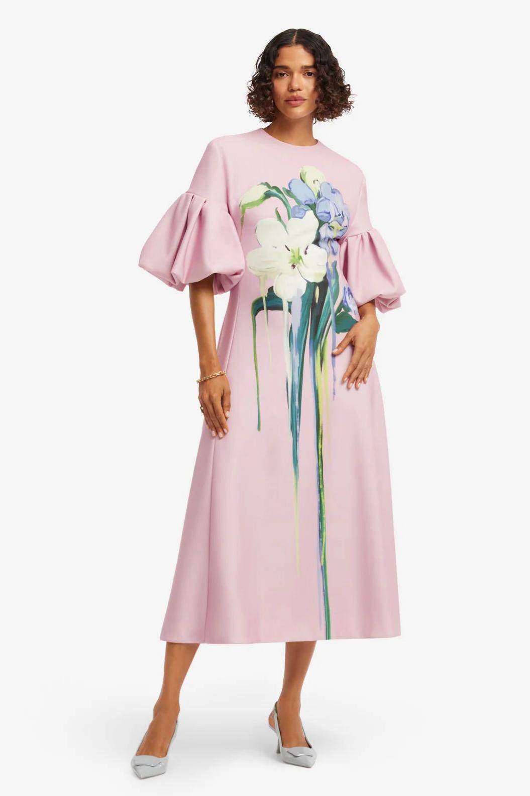 Floral Puff Sleeve Round Neck Midi Dress