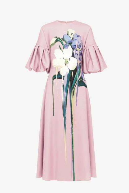 Floral Puff Sleeve Round Neck Midi Dress