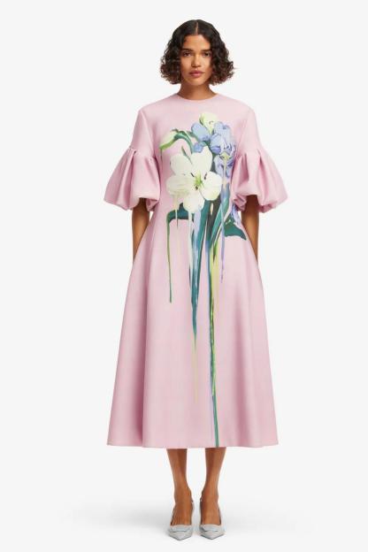 Floral Puff Sleeve Round Neck Midi Dress