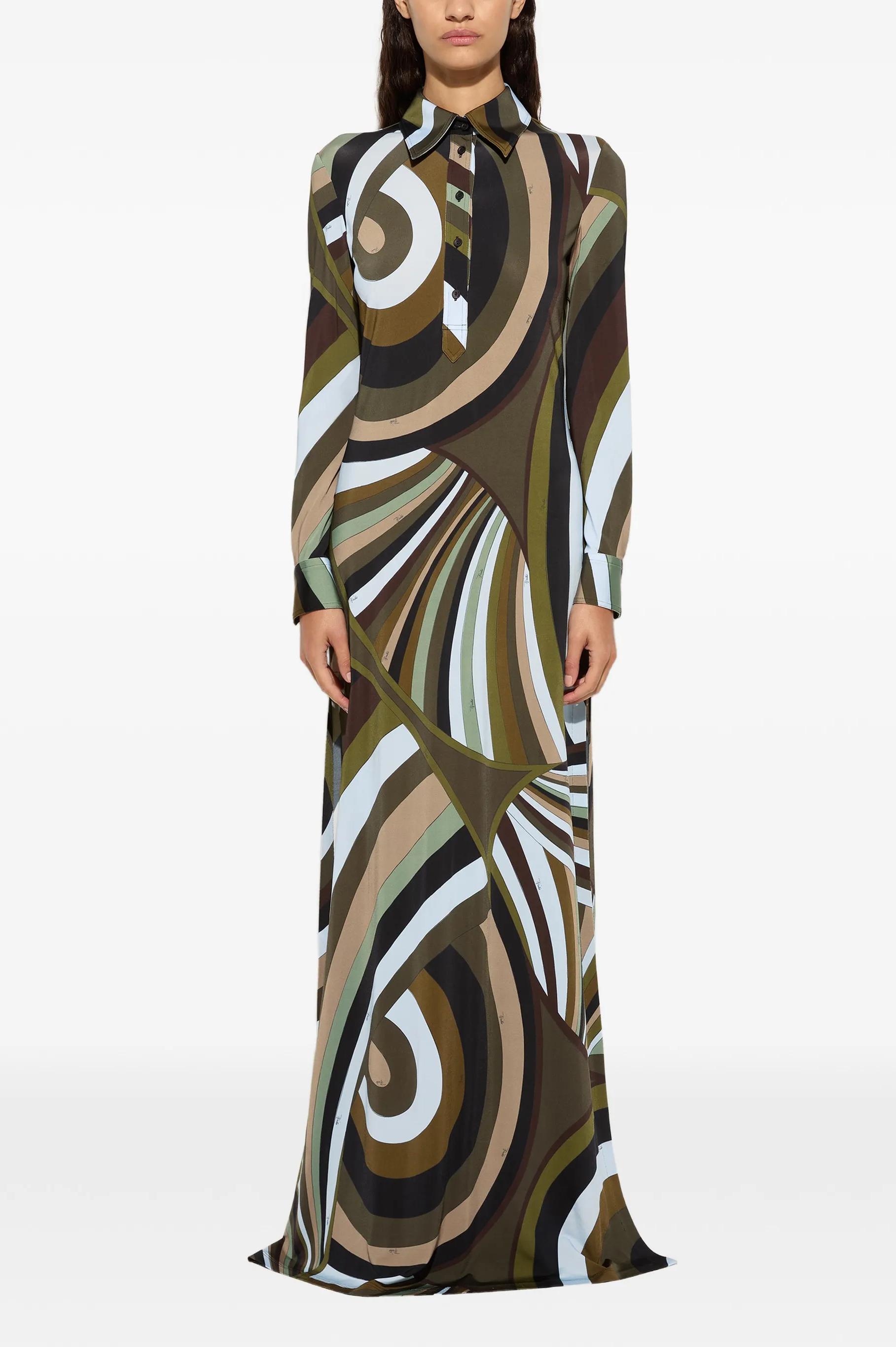 Abstract Print Shirt Collar Long Sleeve Maxi Dress