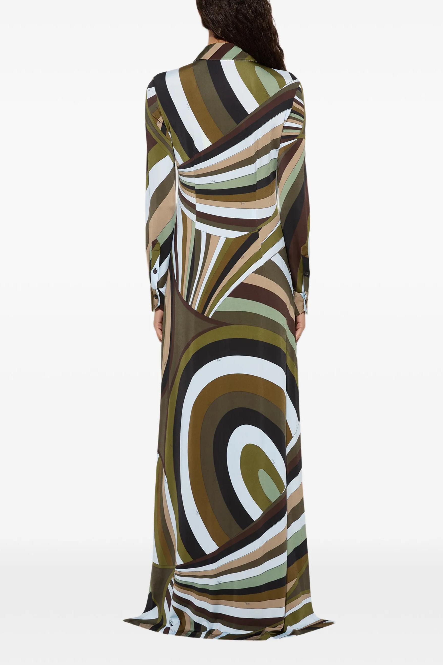 Abstract Print Shirt Collar Long Sleeve Maxi Dress
