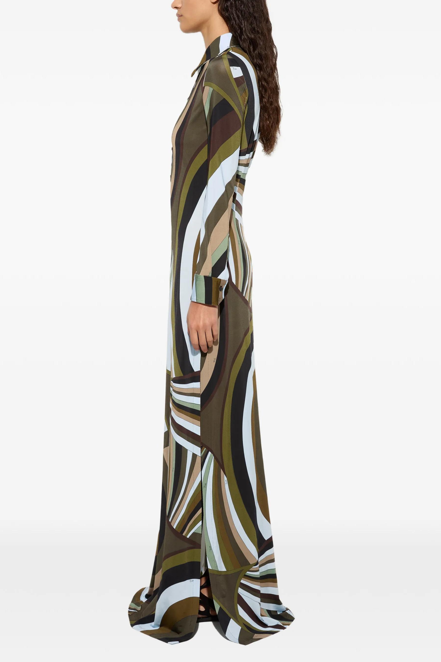 Abstract Print Shirt Collar Long Sleeve Maxi Dress