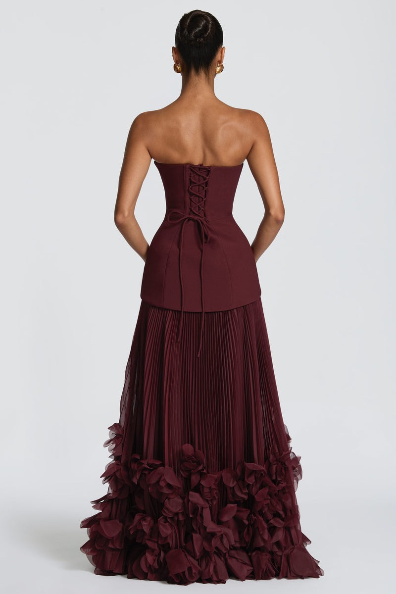3D Flower Pleated Tie-Up Maxi Dress