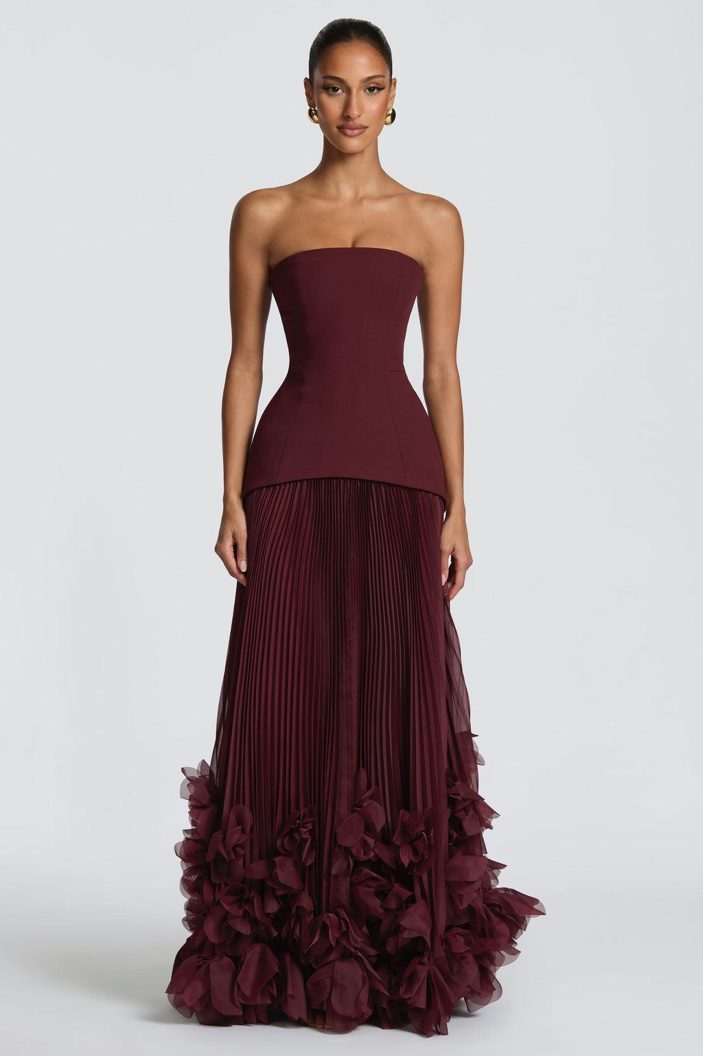 3D Flower Pleated Tie-Up Maxi Dress