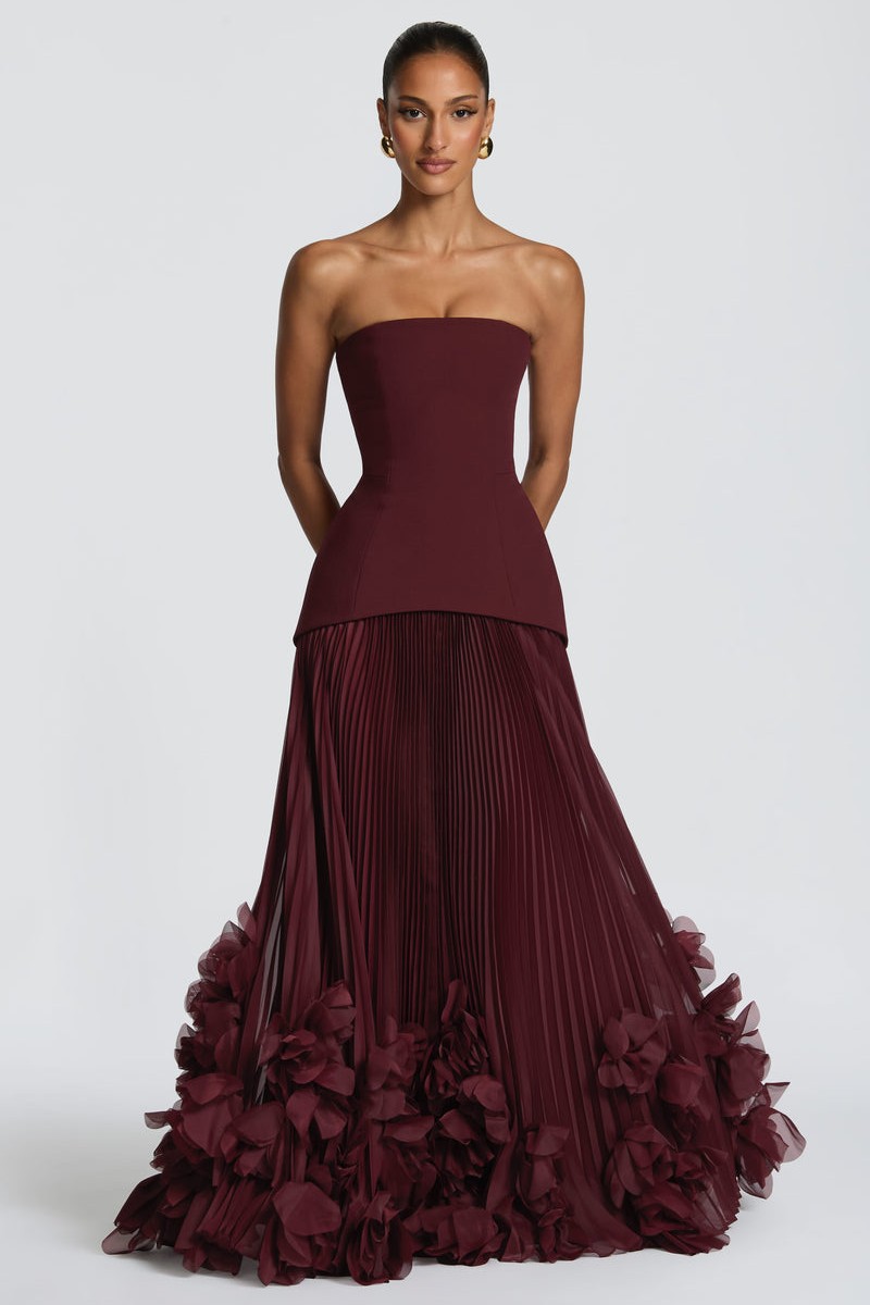3D Flower Pleated Tie-Up Maxi Dress