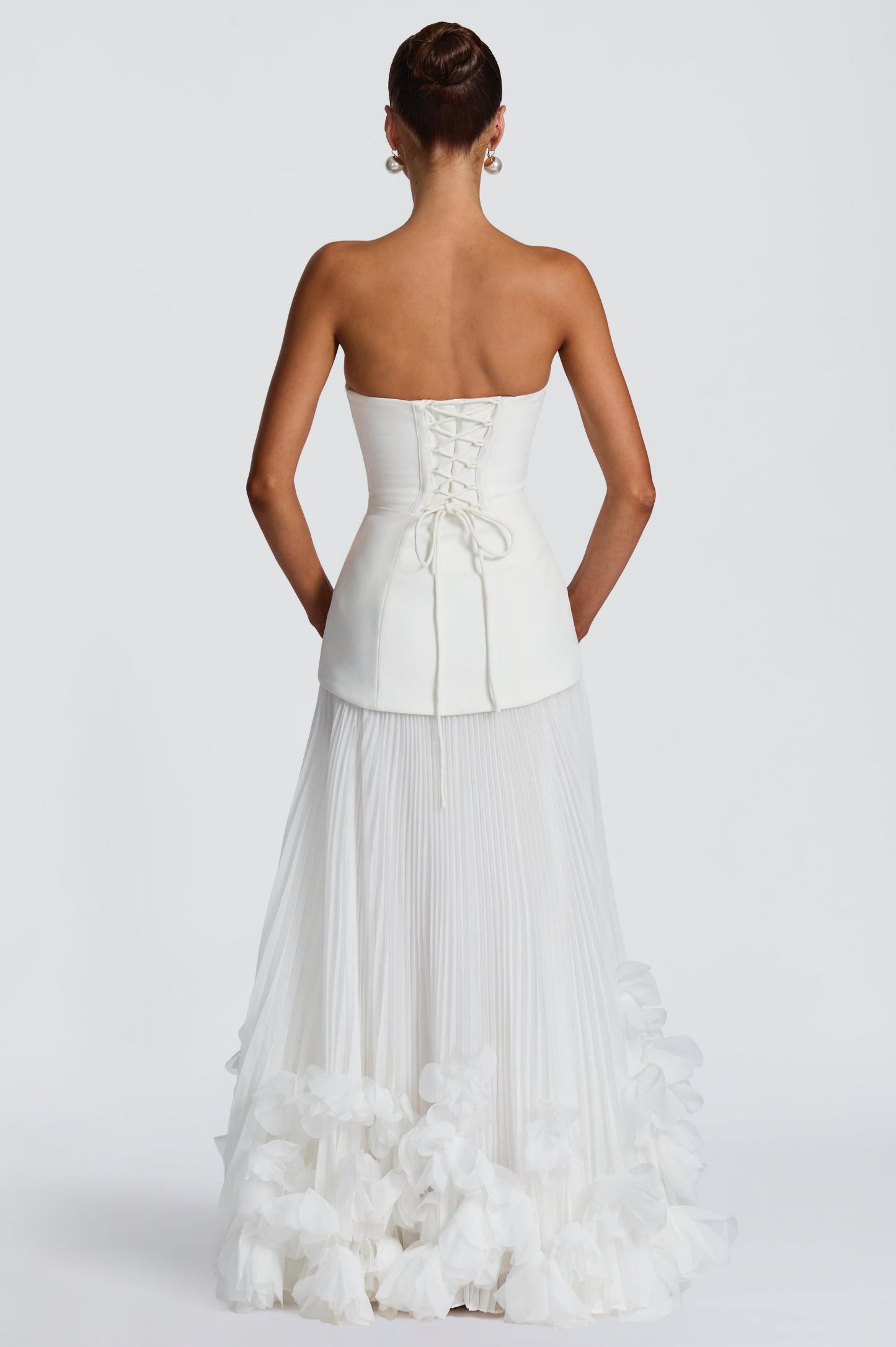 3D Flower Pleated Tie-Up Maxi Dress