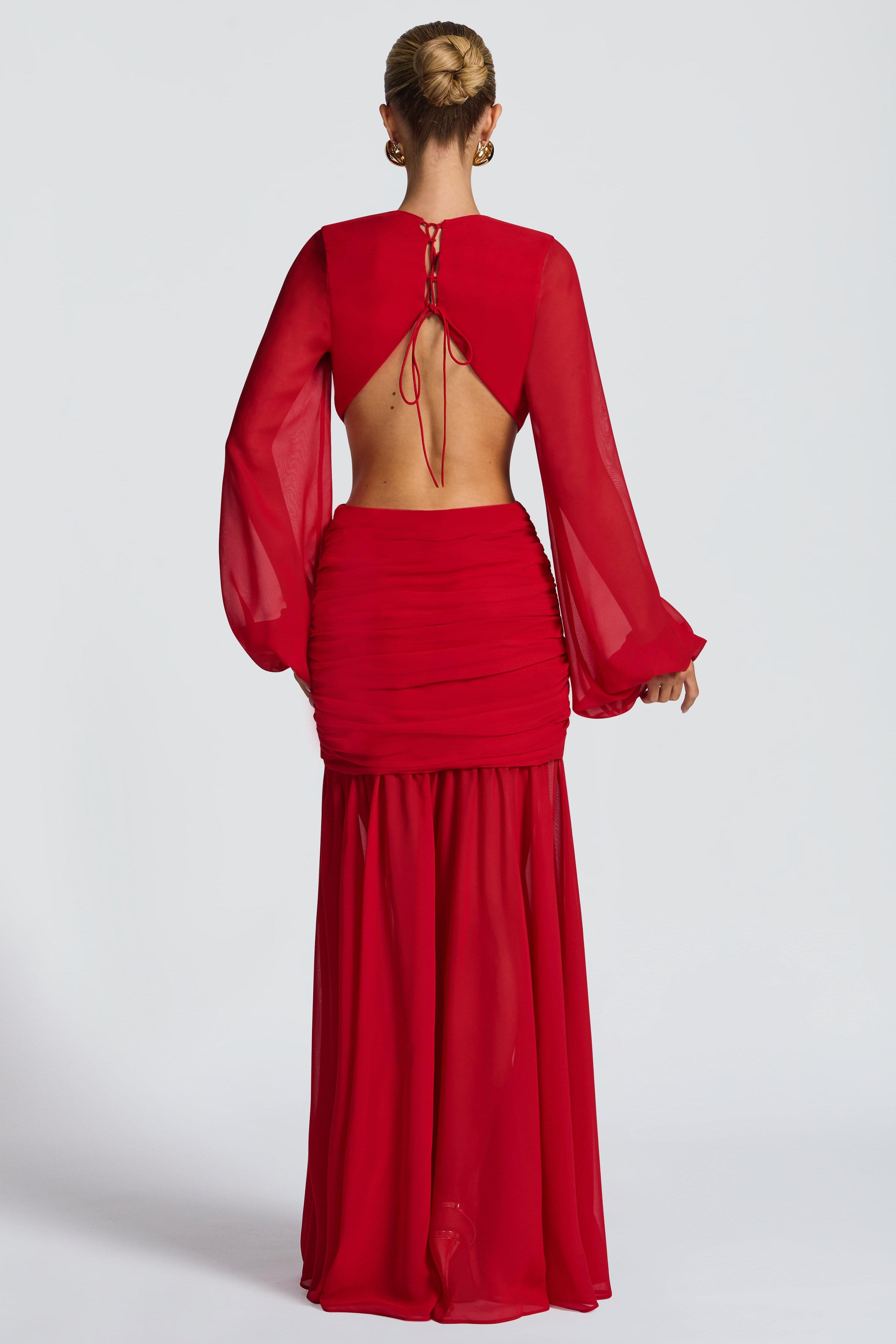 Chiffon Gathering Lantern Sleeve Midi Dress