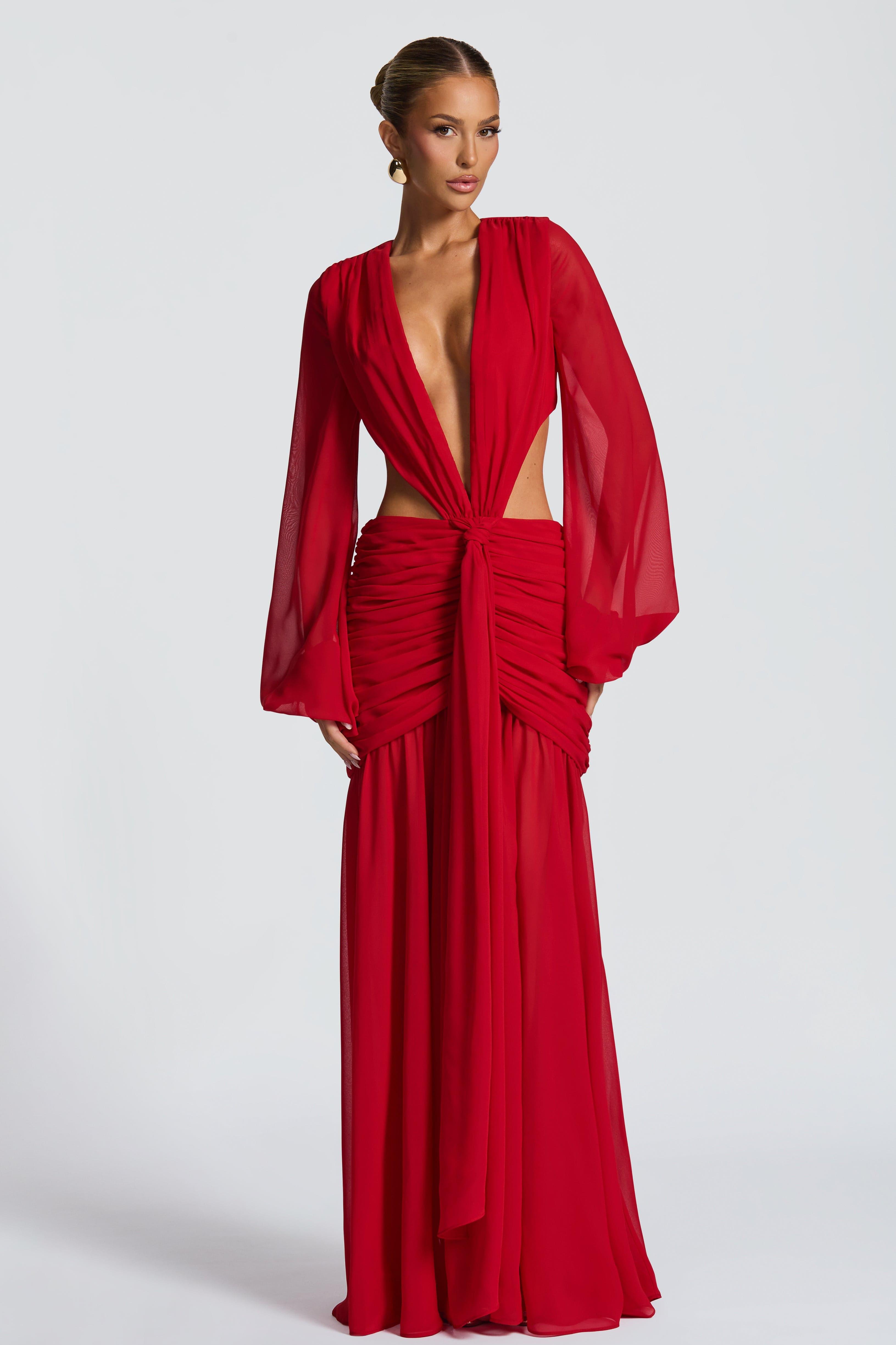 Chiffon Gathering Lantern Sleeve Midi Dress