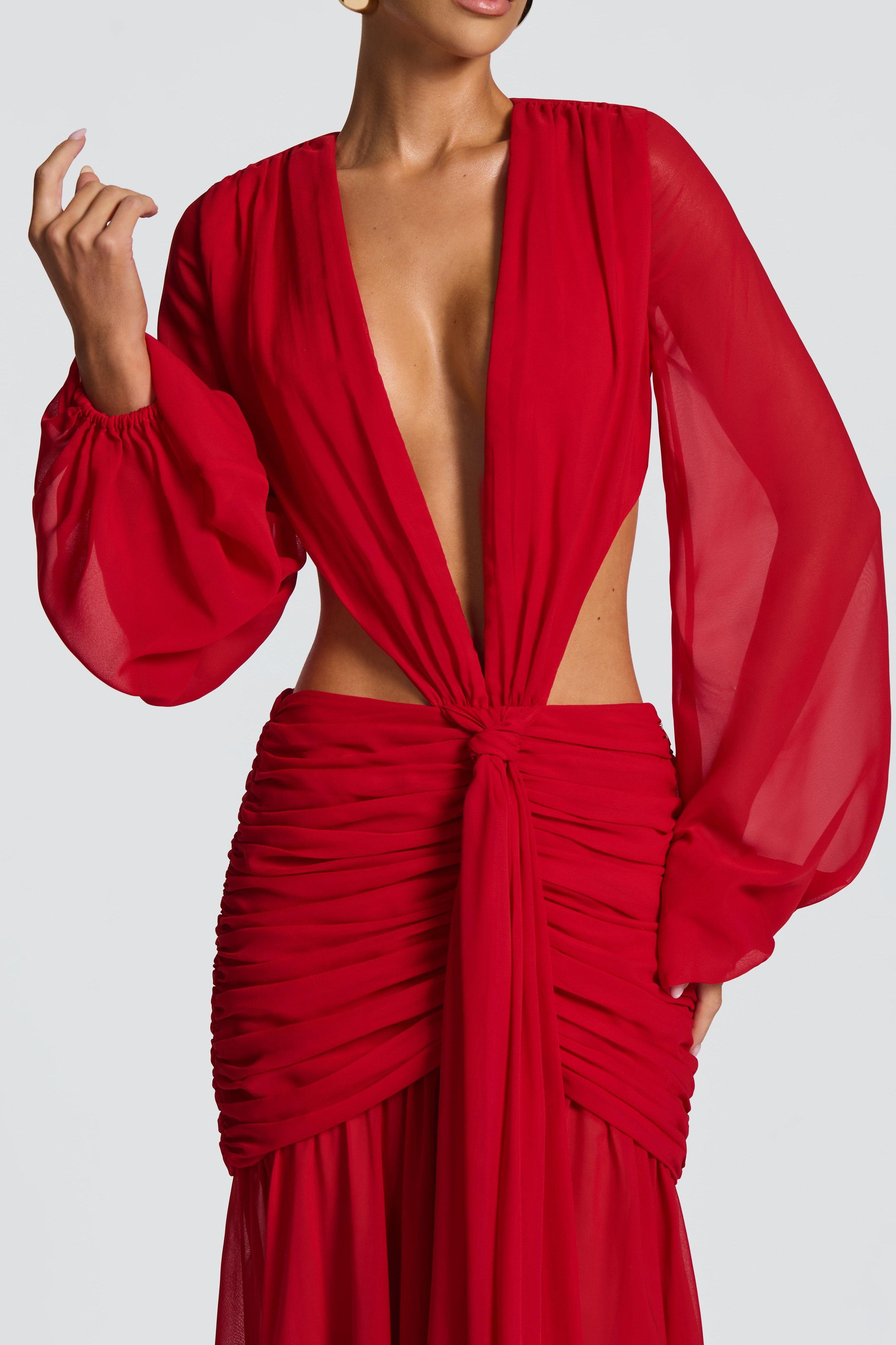 Chiffon Gathering Lantern Sleeve Midi Dress