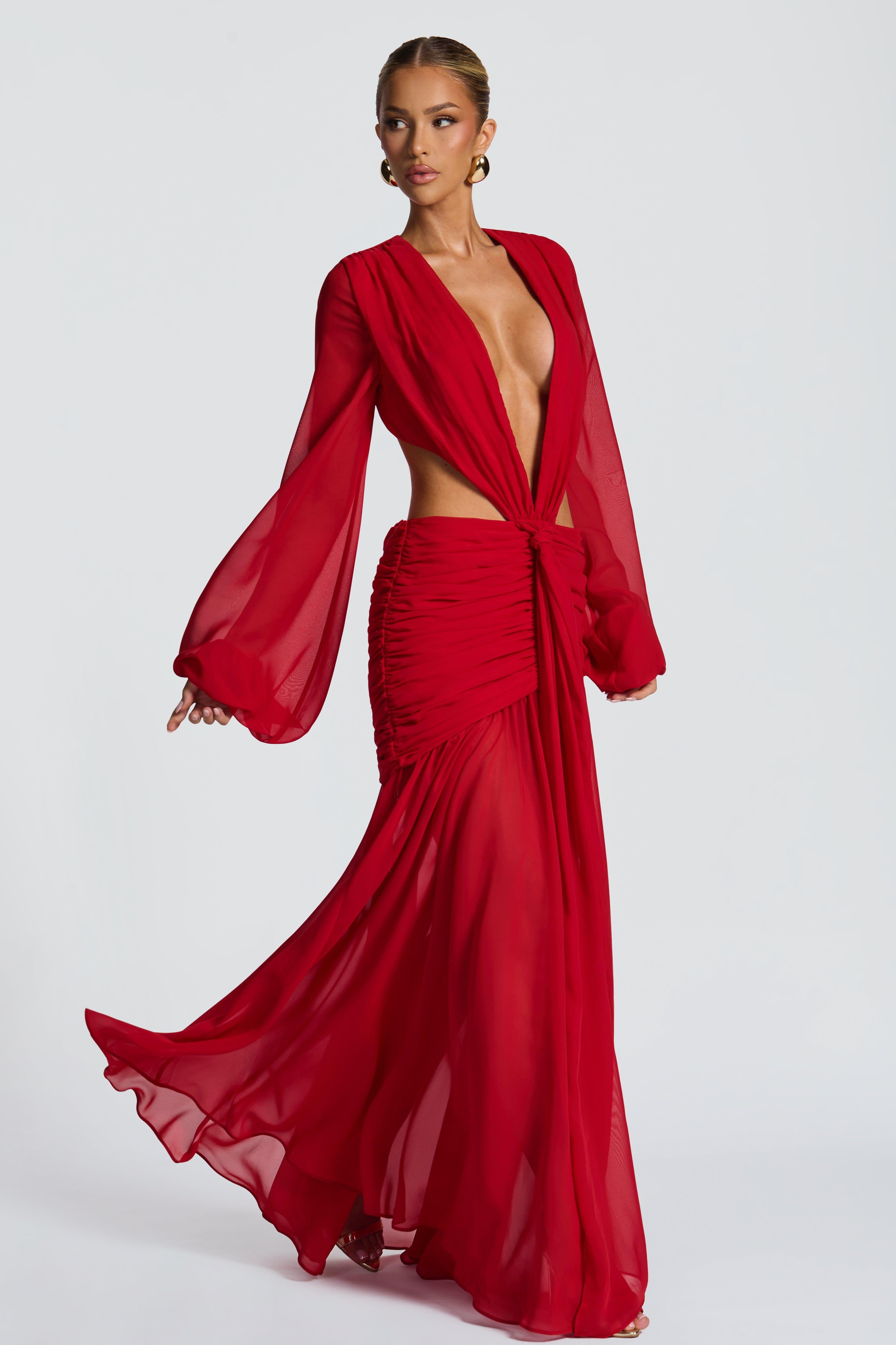 Chiffon Gathering Lantern Sleeve Midi Dress