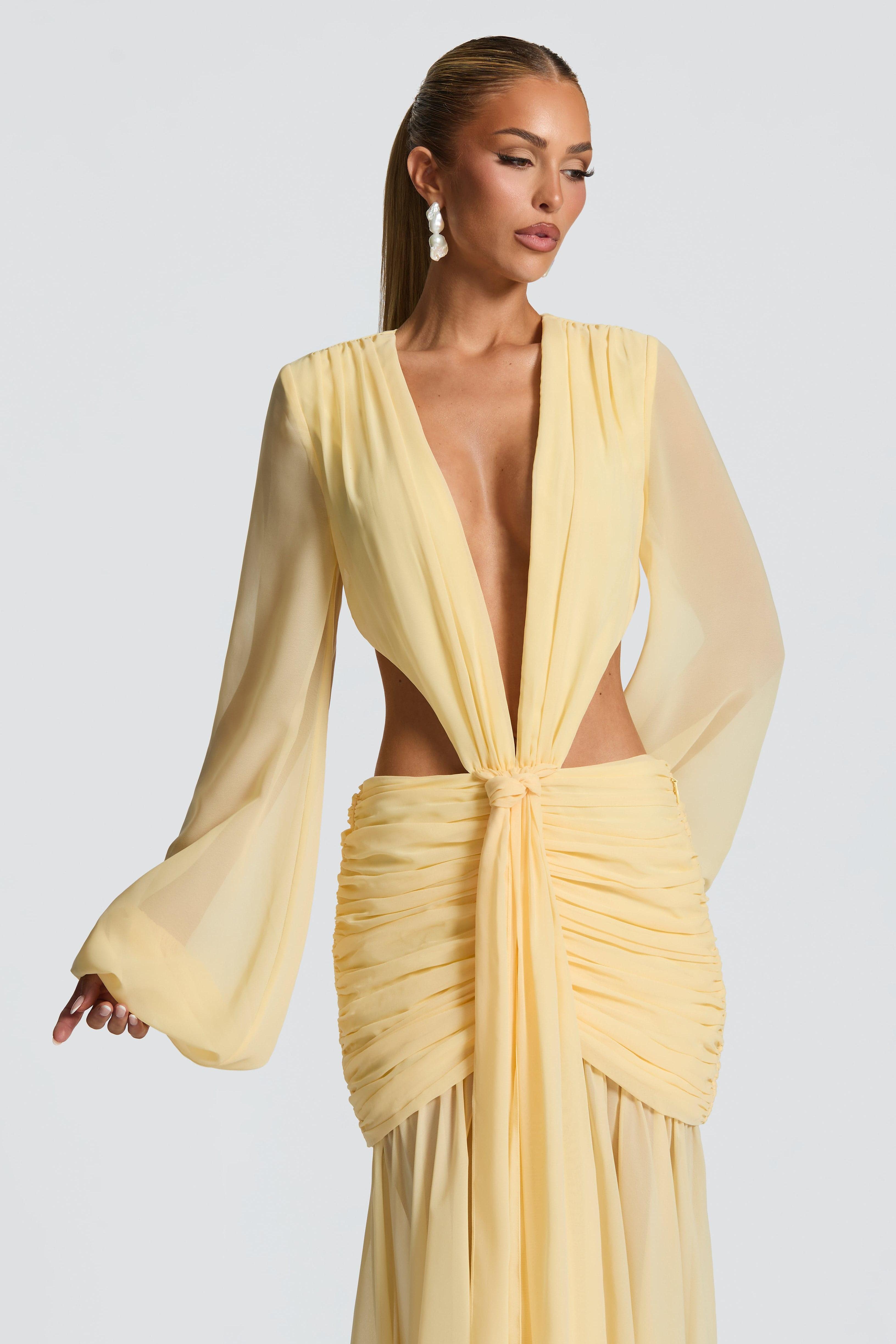 Chiffon Gathering Lantern Sleeve Midi Dress