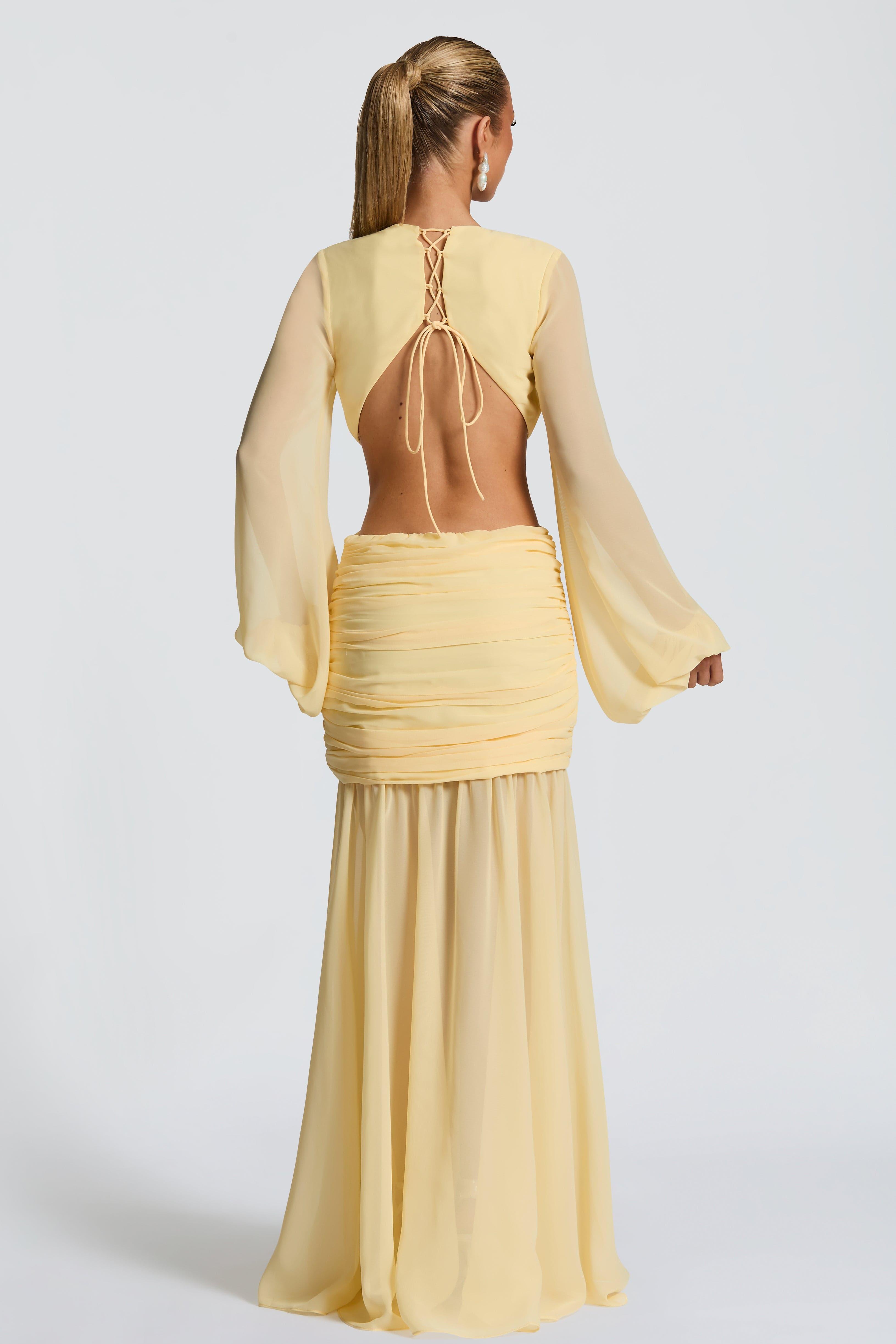 Chiffon Gathering Lantern Sleeve Midi Dress