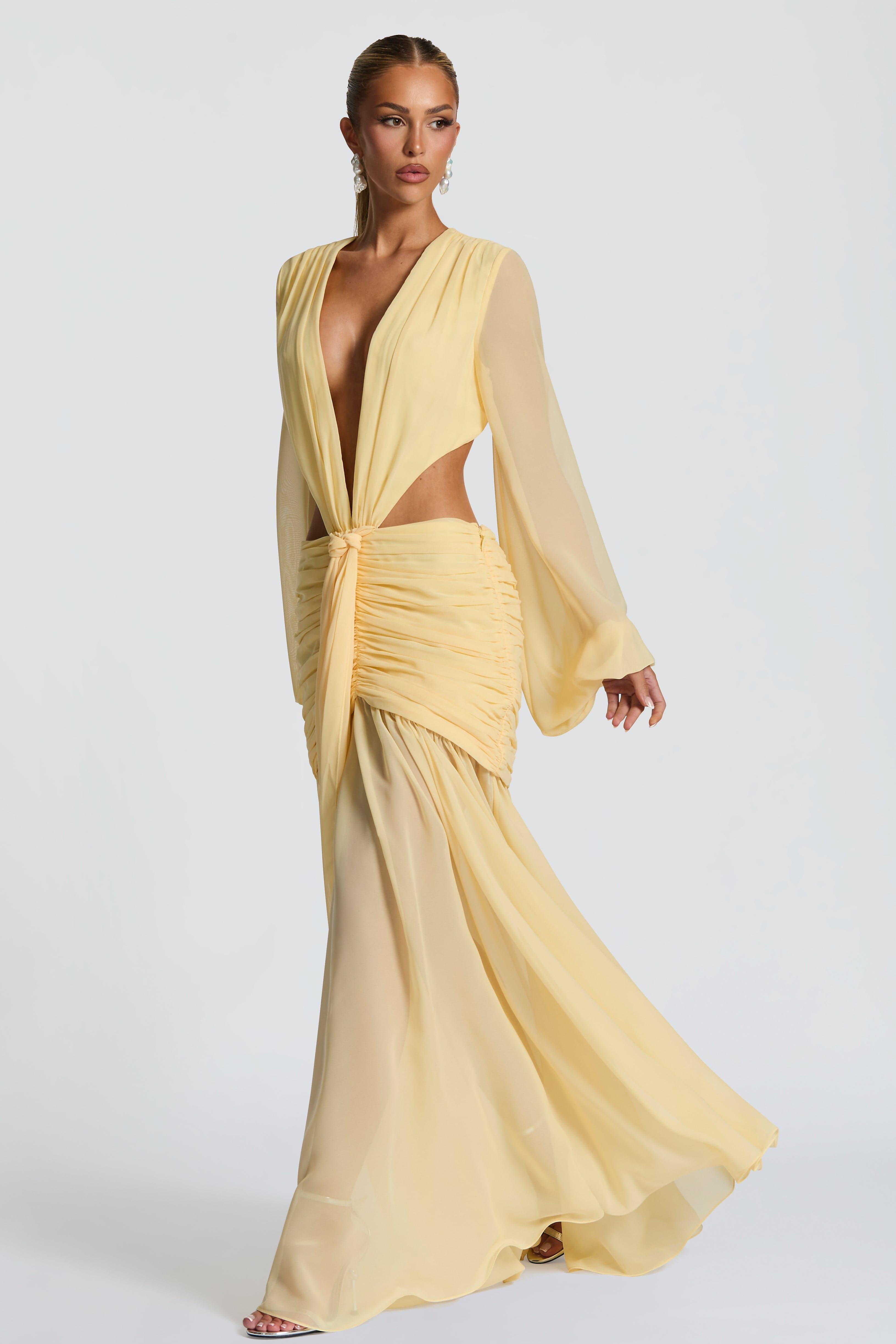Chiffon Gathering Lantern Sleeve Midi Dress
