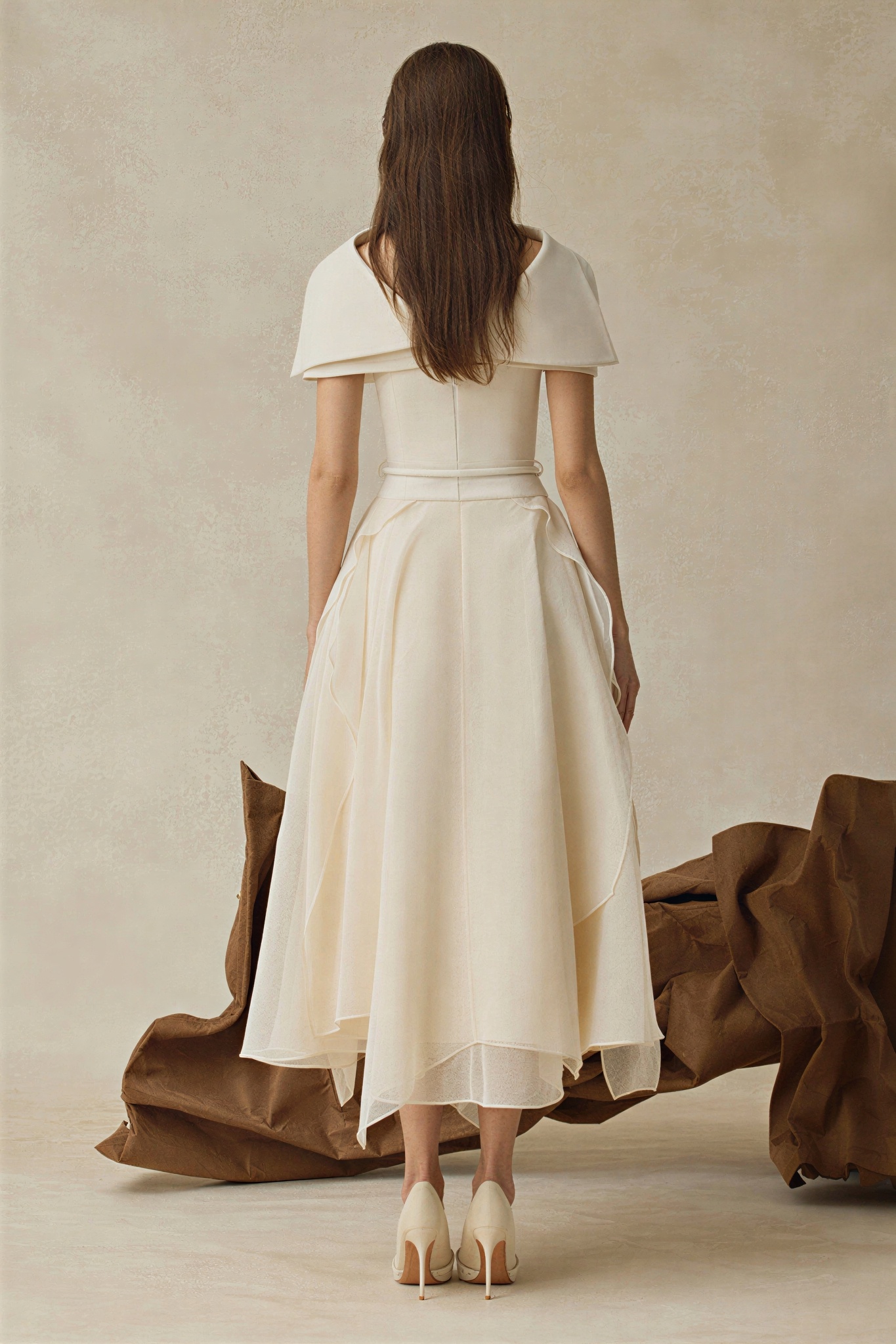 Solid Ruffle Midi Dress With Cape