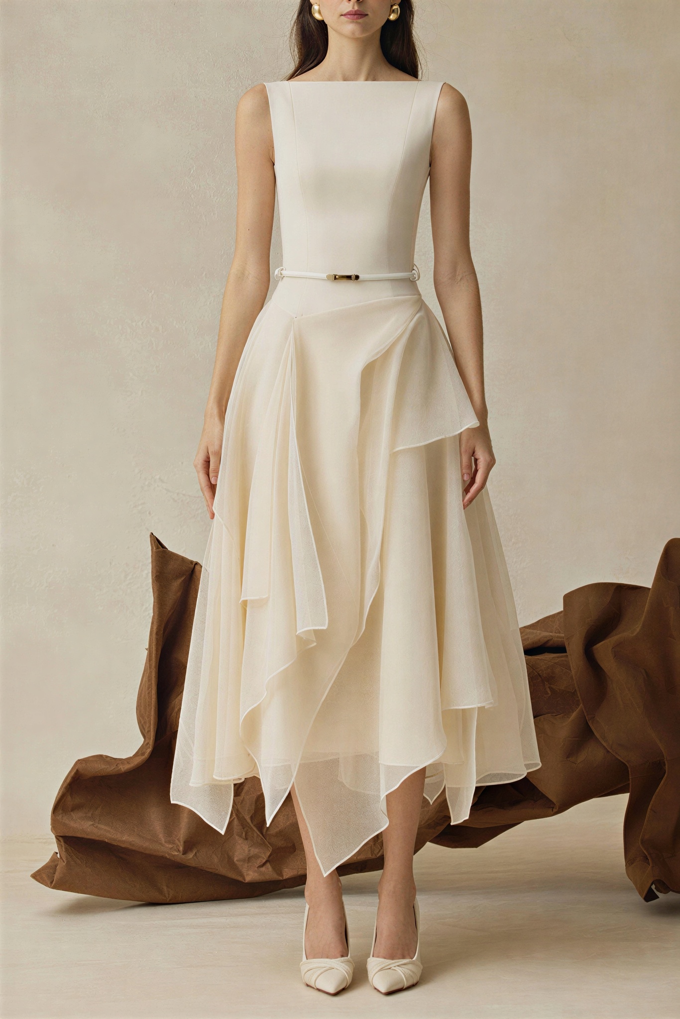 Solid Ruffle Midi Dress With Cape