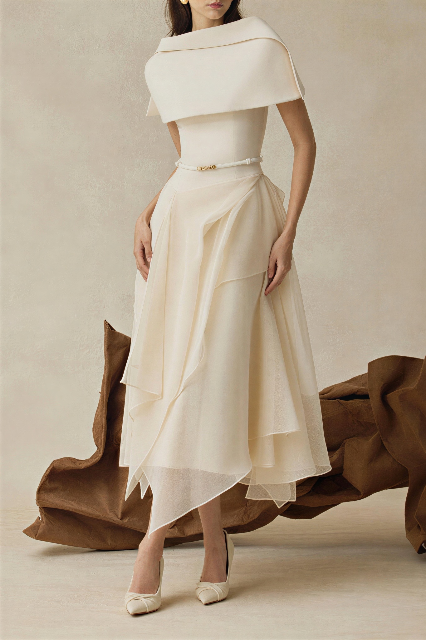 Solid Ruffle Midi Dress With Cape