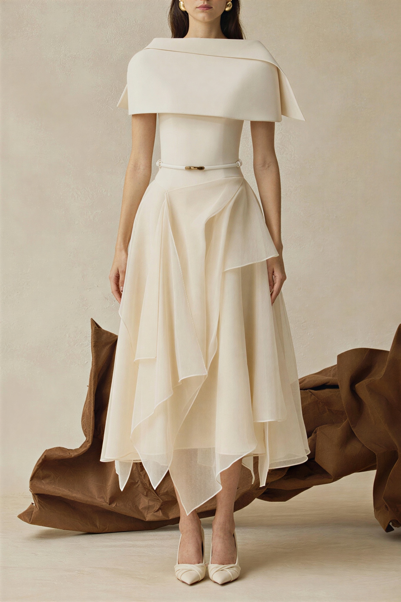 Solid Ruffle Midi Dress With Cape