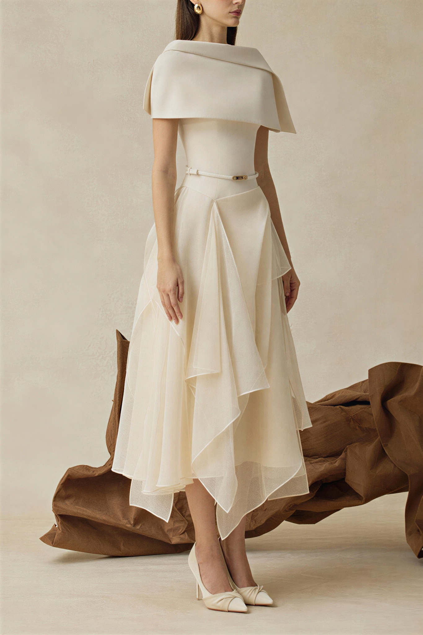 Solid Ruffle Midi Dress With Cape