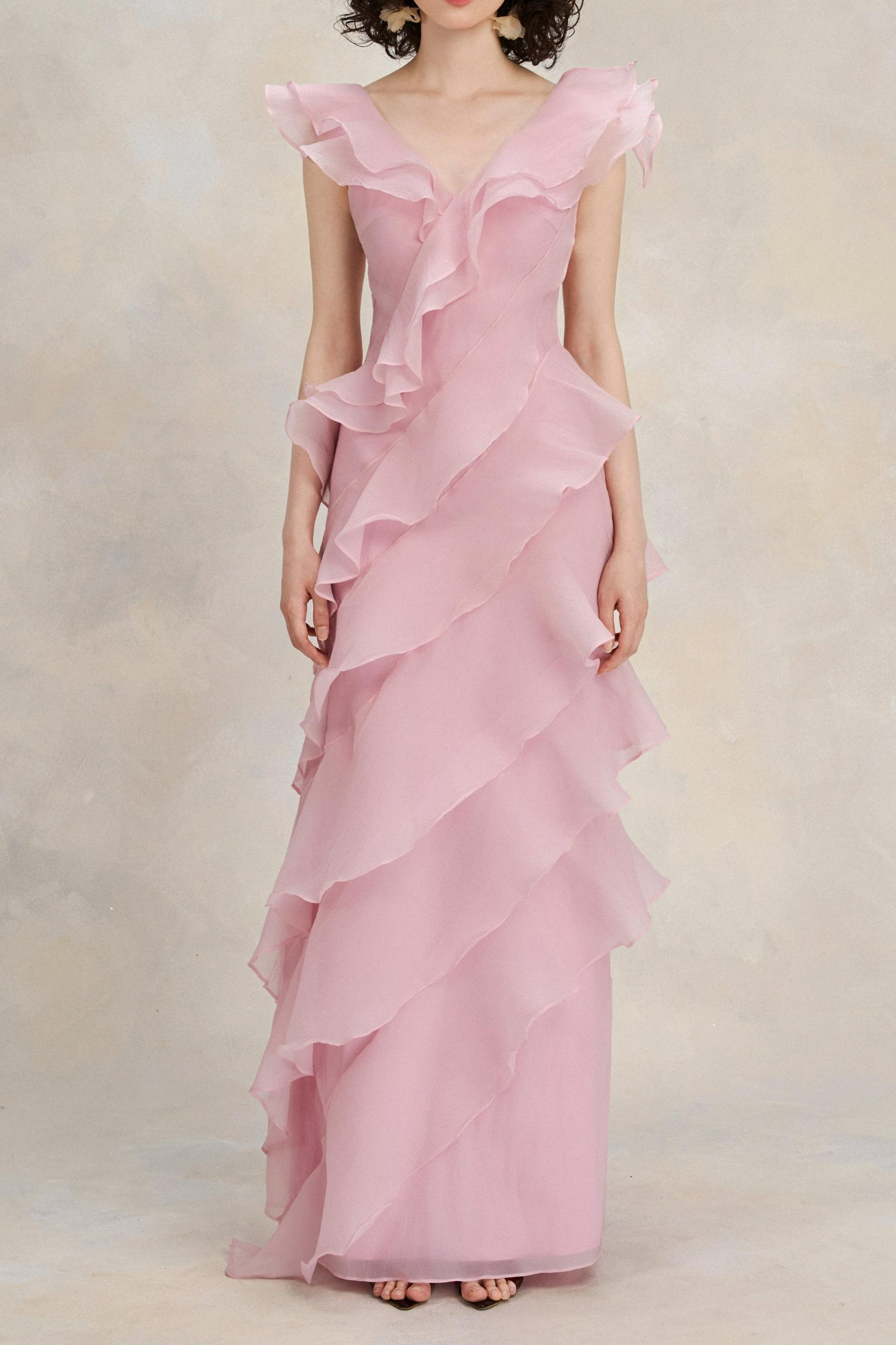 Solid V-Neck Ruffle Maxi Dress
