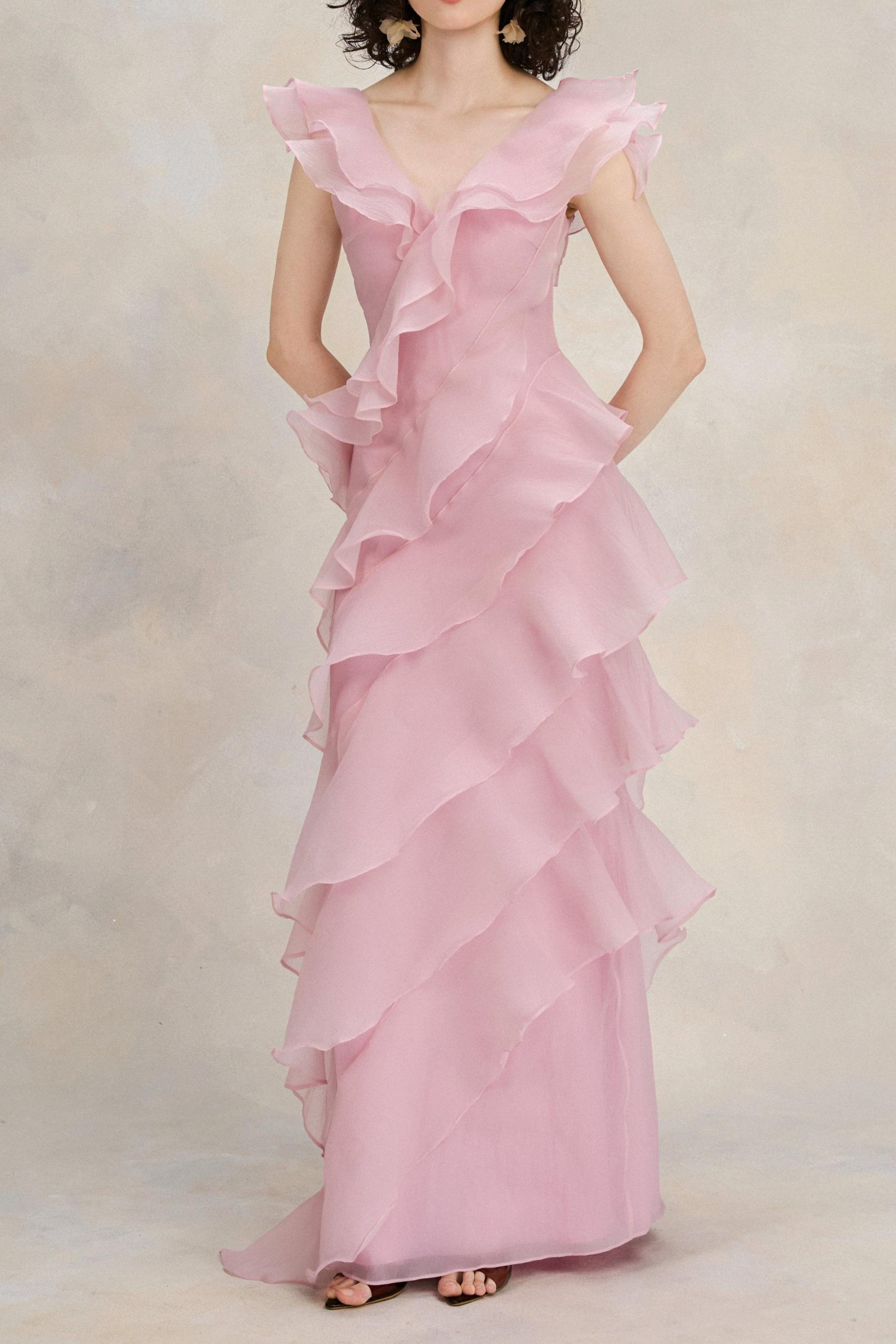 Solid V-Neck Ruffle Maxi Dress