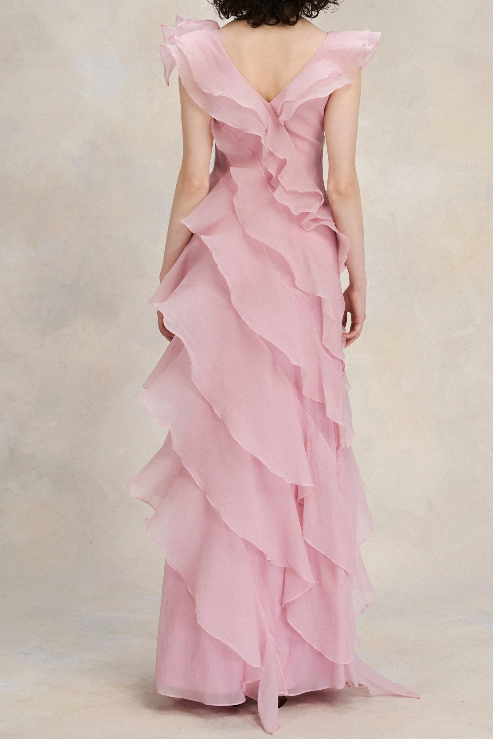 Solid V-Neck Ruffle Maxi Dress