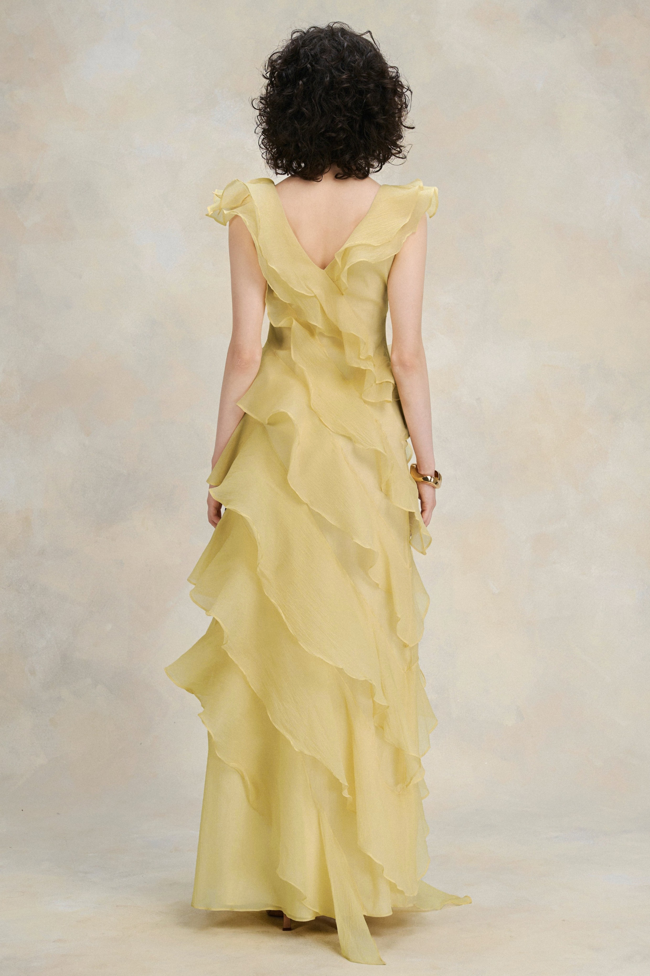 Solid V-Neck Ruffle Maxi Dress