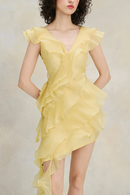 Solid V-Neck Ruffle Maxi Dress