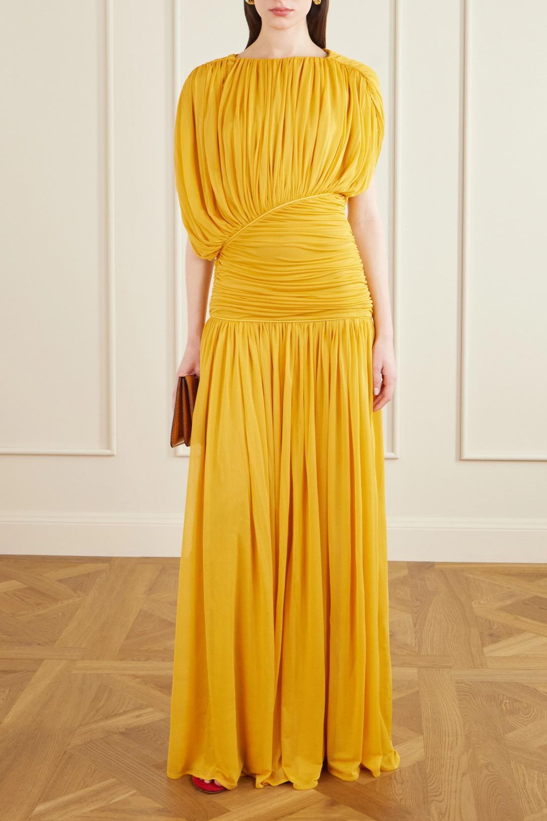 Round Neck Gathering Asymmetrical  Maxi Dress