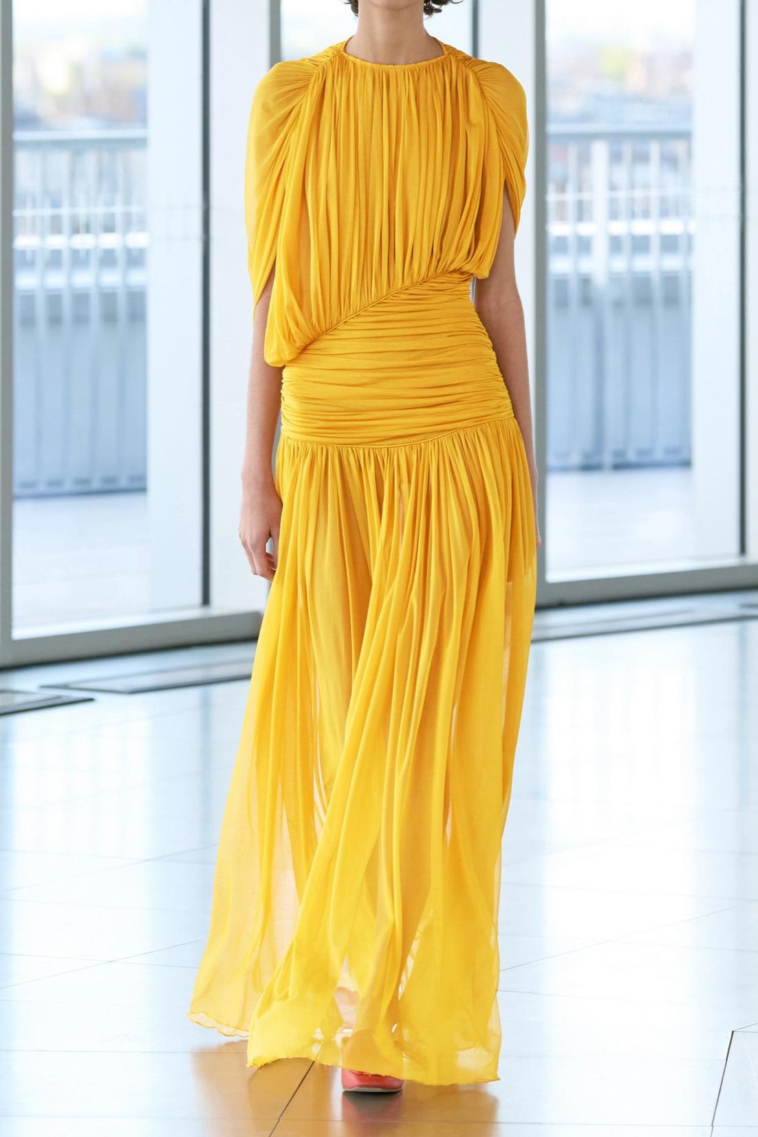 Round Neck Gathering Asymmetrical  Maxi Dress